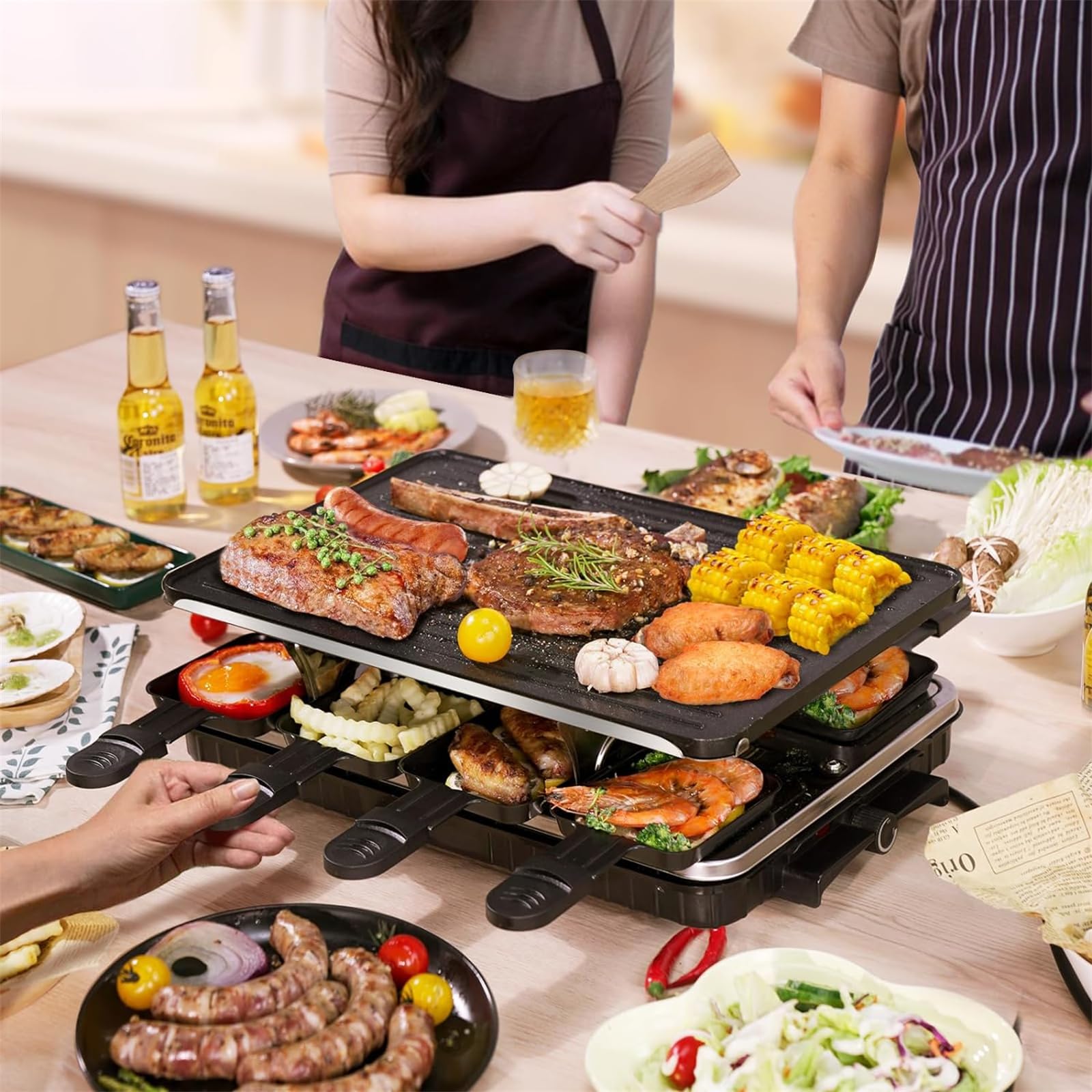 Barbecue à raclette de table - Barbecue d'intérieur coréen 2 en 1 - Plaque de cuisson électrique antiadhésive avec 8 poêles à raclette et spatule en bois - Idéal pour la famille et les fêtes - 1300 W