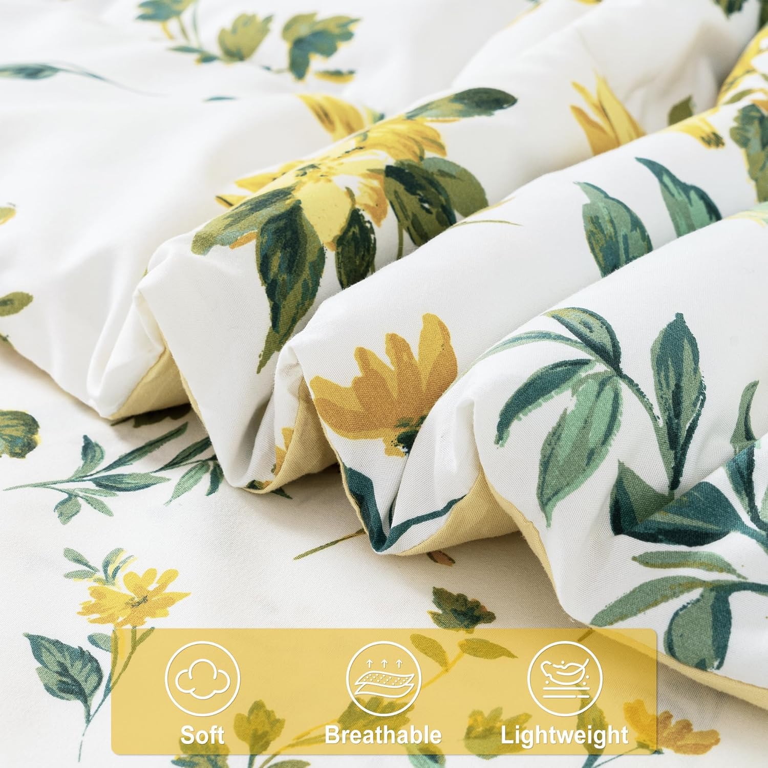 Floral Queen Comforter Set with Sheets, 7 Piece Luxury Vintage Bedding, Soft Microfiber Bed in a Bag, Cozy Lightweight Bed Set, Yellow Flower Green Leaves - Image 3