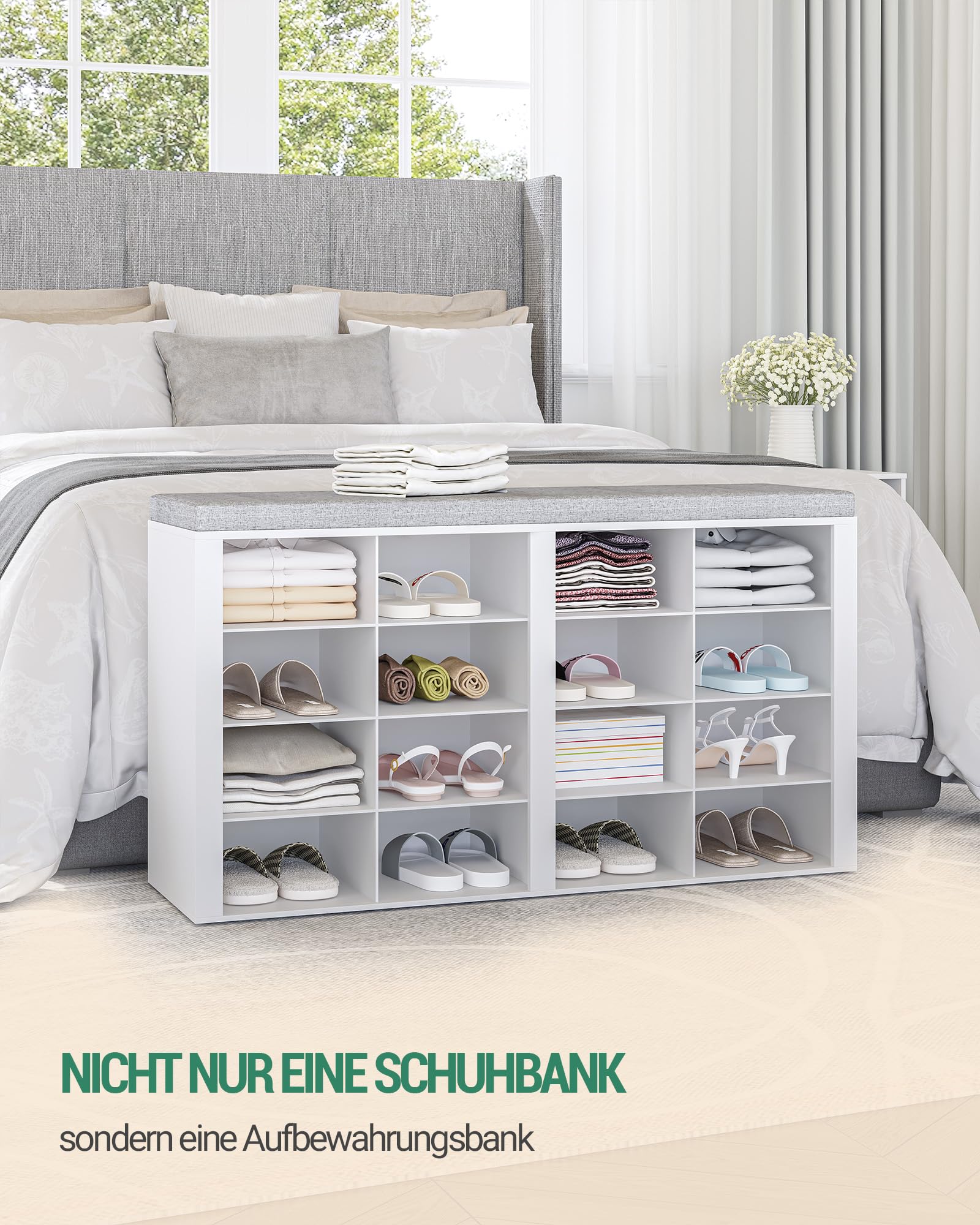 Hzuaneri Schuhbank mit Sitzfläche, Schuhschrank mit Sitzbank mit 16 Fächern, Eingangsbank Verstellbaren Ablagen für Wohnzimmer, Schlafzimmer, Flur, Weiß-Grau, SB25603GY