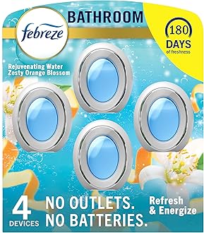 Febreze Bathroom Air Freshener, Odor-Fighting, Plug In Alternative, Air Fresheners for Home, Bathroom, & Kitchen, Closet Air Fresheners, Pet & Litter Box Odor Fighter, Refresh & Energize Scent, 4ct