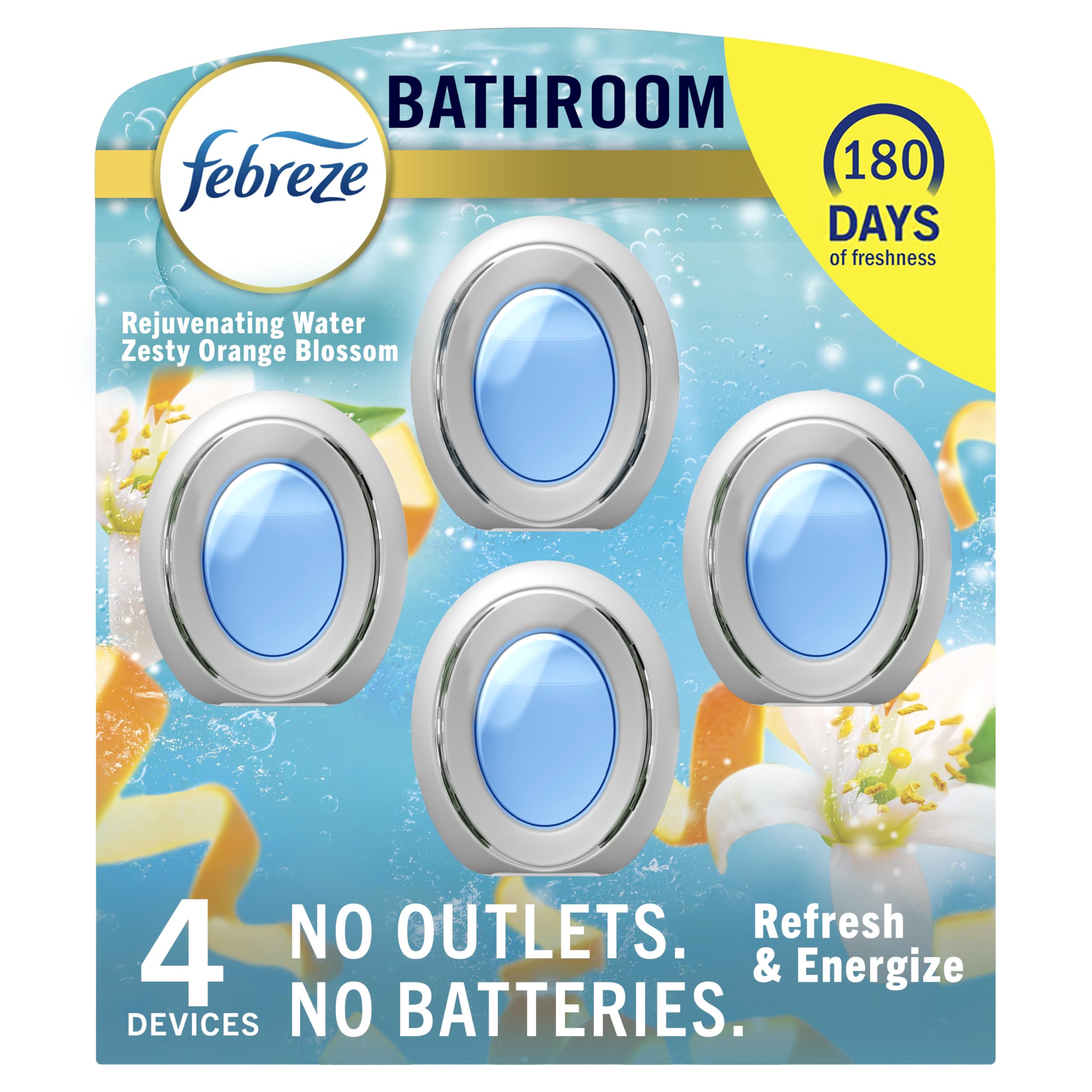 Febreze Bathroom Air Freshener, Odor-Fighting, Plug In Alternative, Air Fresheners for Home and Bathroom and Kitchen, Closet Air Fresheners, Refresh & Energize Scent, 4 Count