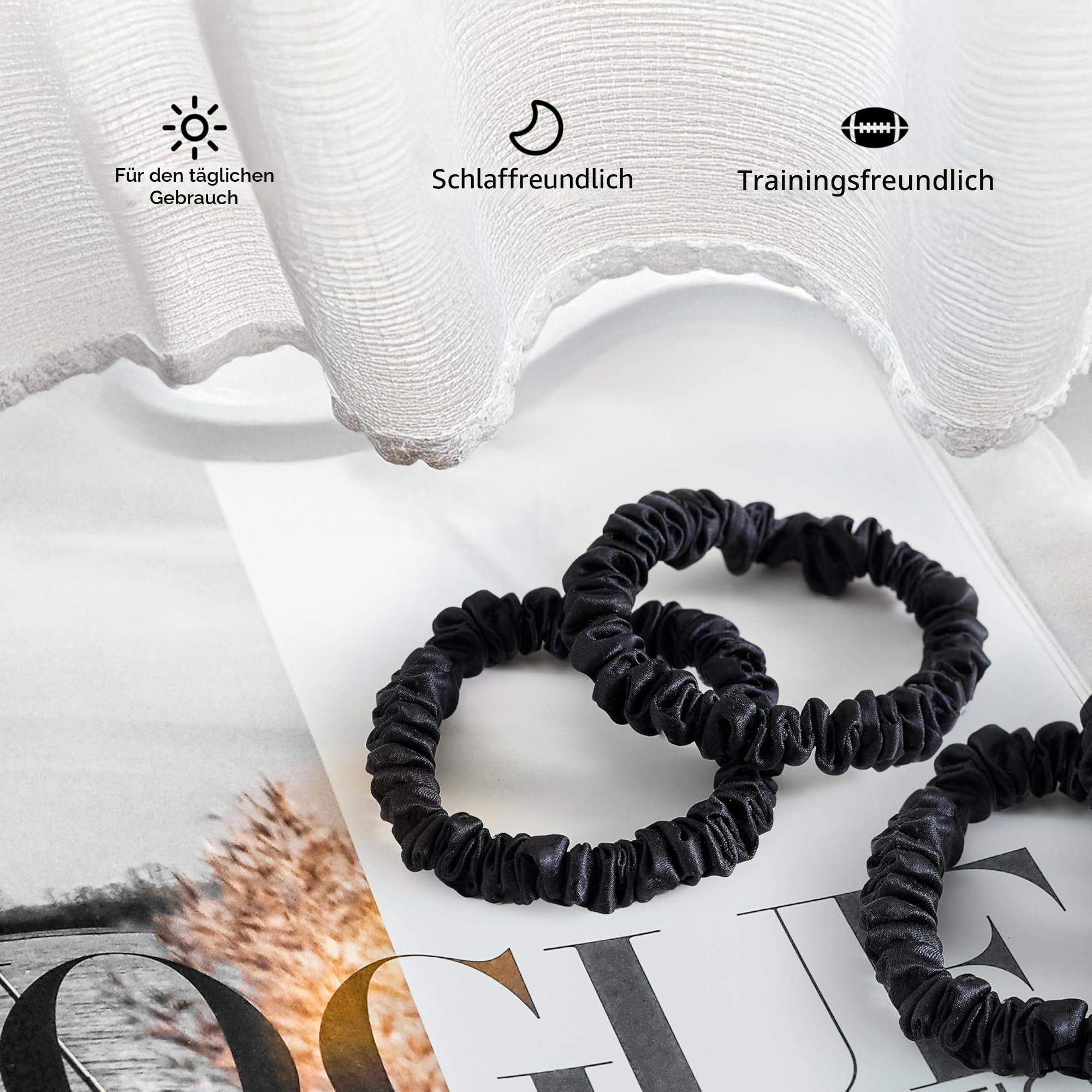 Townssilk Silk Skinnie Haargummis, 100% reine Maulbeerseide, 22 Momme, Haarfreundlich, luxuri?s, elastisch, 5 Haargummis, schwarz