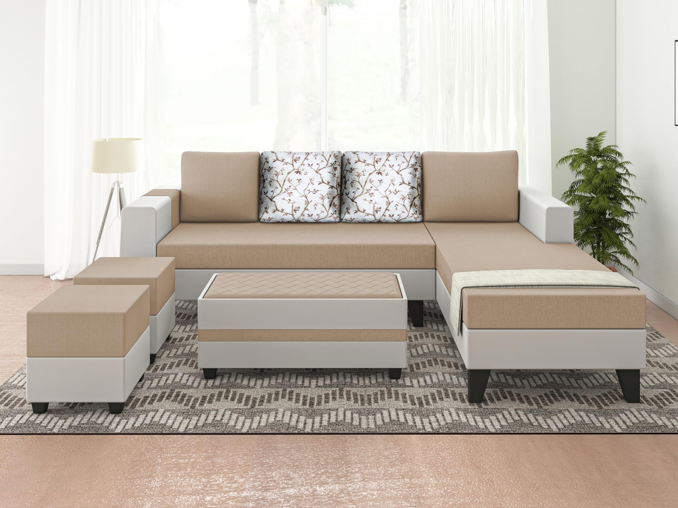 Adorn India Ashley Digitel Print Leatherette Fabric L Shape 8 Seater Sofa Set with 2 Ottoman Puffy & Center Table RHS (Beige & White) (3 Year Warranty)-image-20