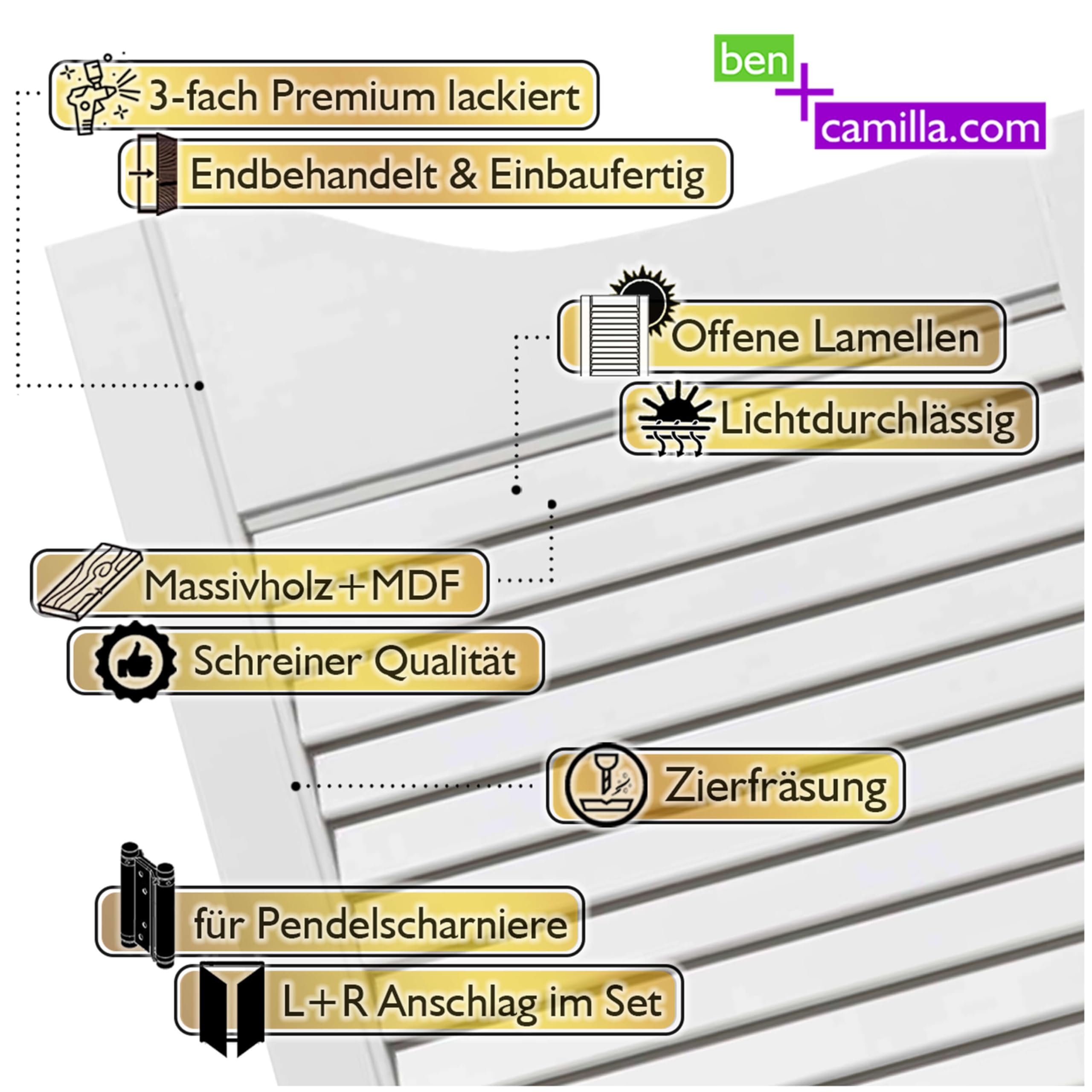 Schwingtüren-Paar (2 Stk. Links+Rechts) | Weiß 100 x 80 cm | Hochwertige Massivholz Pendeltüren mit Lamellen | Premium lackiert | Kiefer
