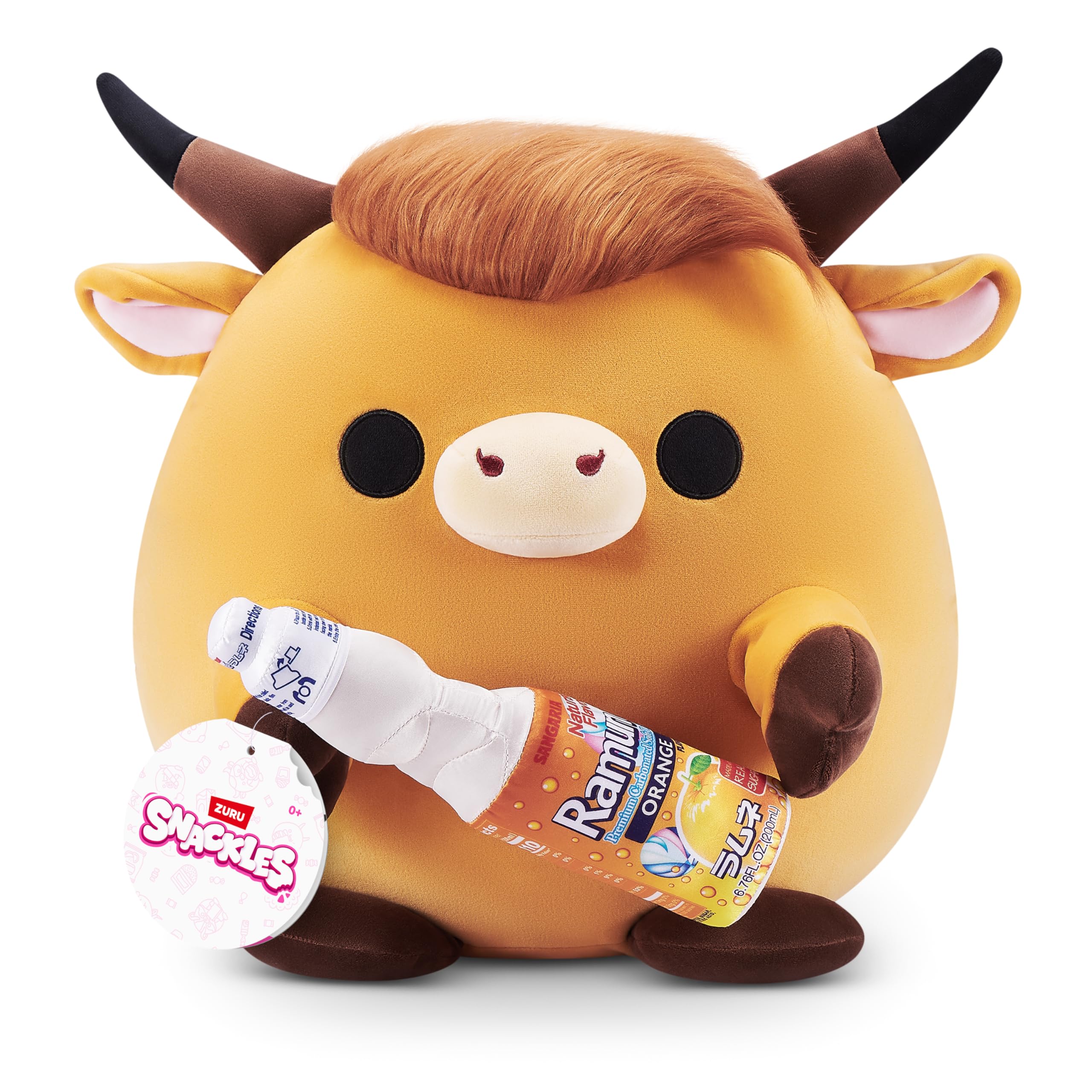 Snackles Licensed Series 3 14-inch Plush Highland Cow with Sangaria O-mazing Orange Ramune (ROBBIE) by ZURU, Plush with License Snack Brand Accessory