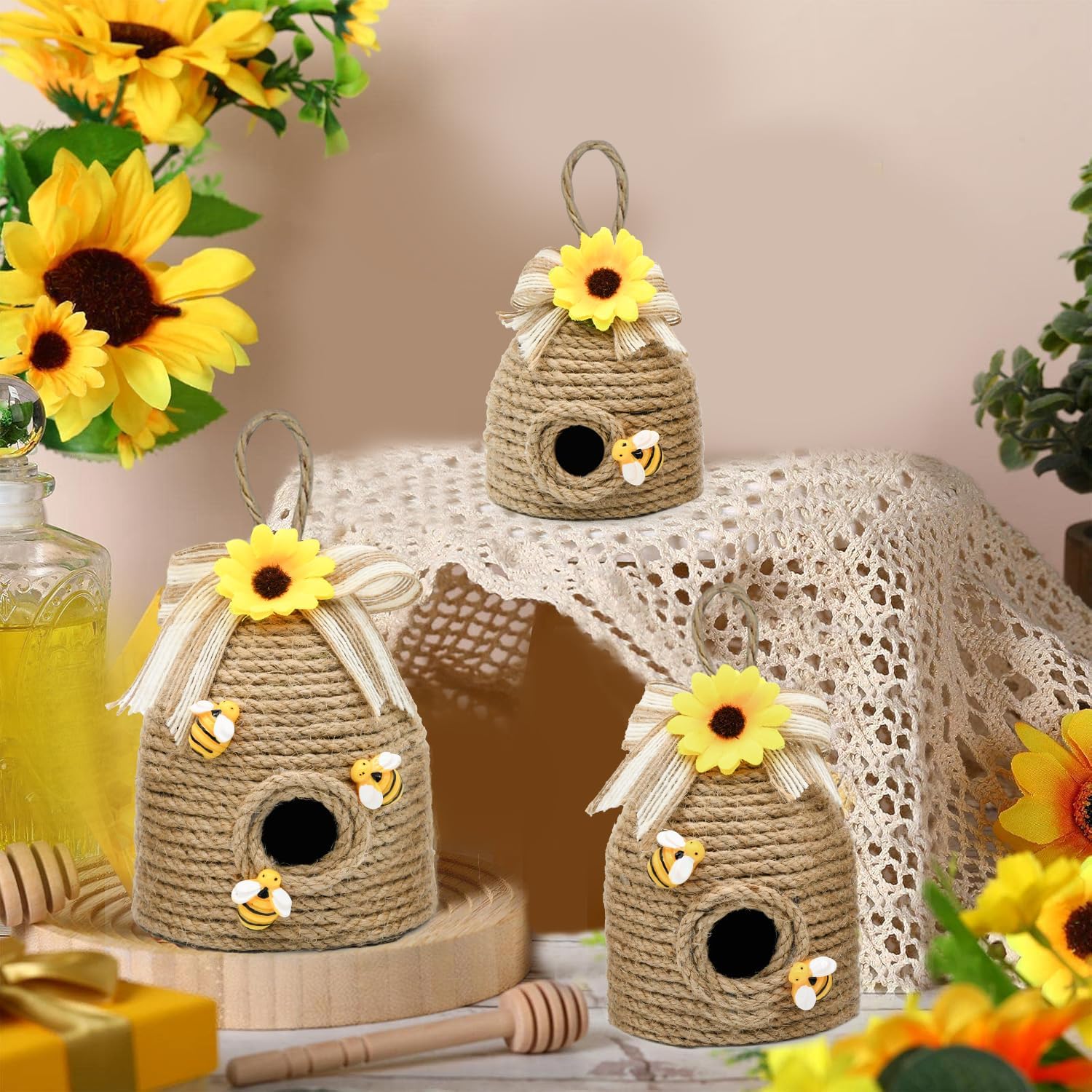 nuvagiki 3 Pack Bee Hive Decor, Farmhouse Bumble Bee Decorations with Sunflower, Rustic Tiered Tray Tabletop Decor for Home Kitchen, Spring Summer Bee Theme