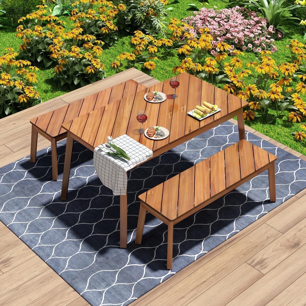 Acacia Wood Dining Table Set with 2 Benches, Diagonal Grain Design for Patio Garden Poolside Indoor Outdoor, Natural Wood Furniture, Easy Assembly, Adjustable Legs