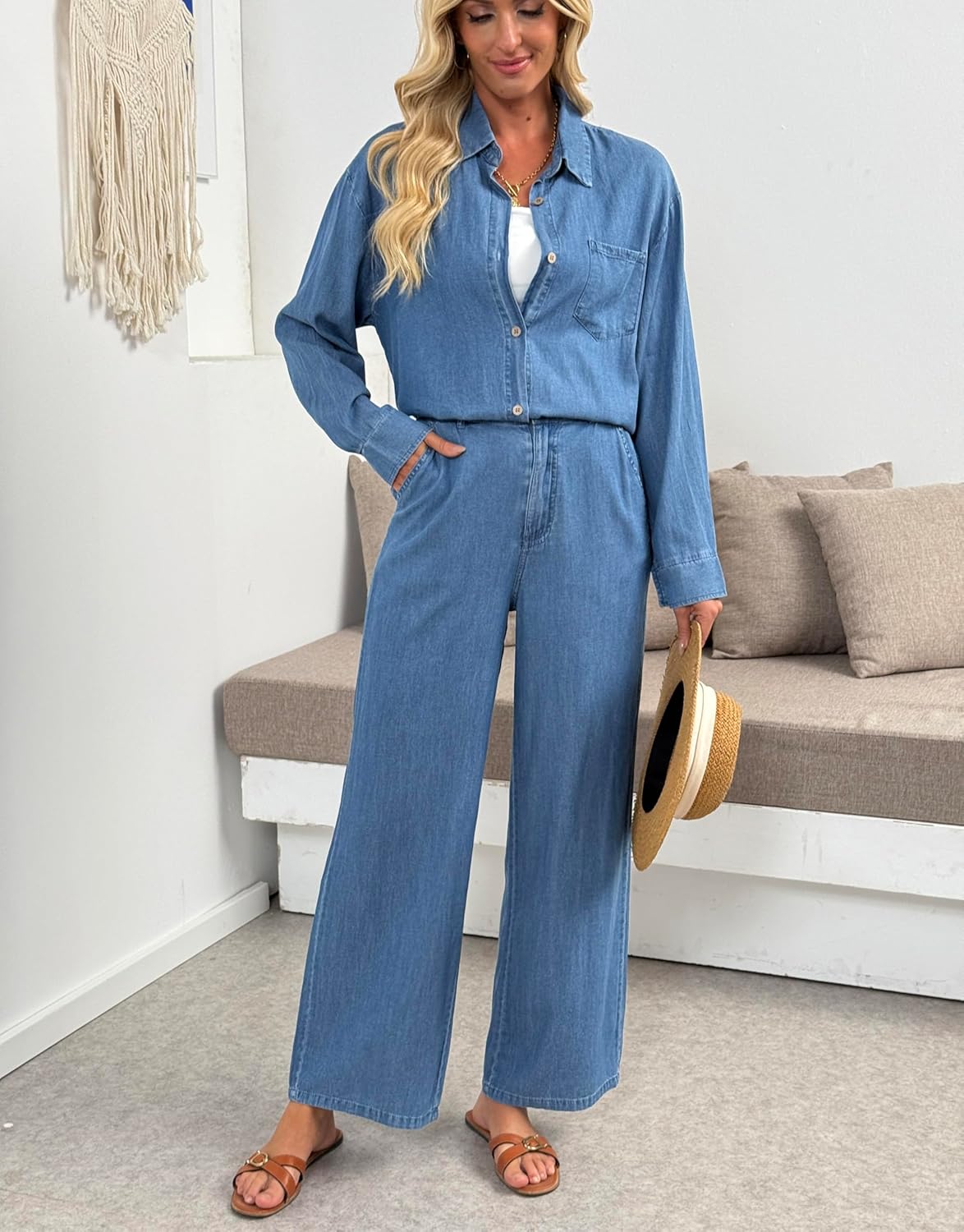 heipeiwa Women's 2 Piece Sets Denim Outfits Lightweight Long Sleeve Button Down Shirts Wide Jean Pant Sets Tracksuit - Image 5