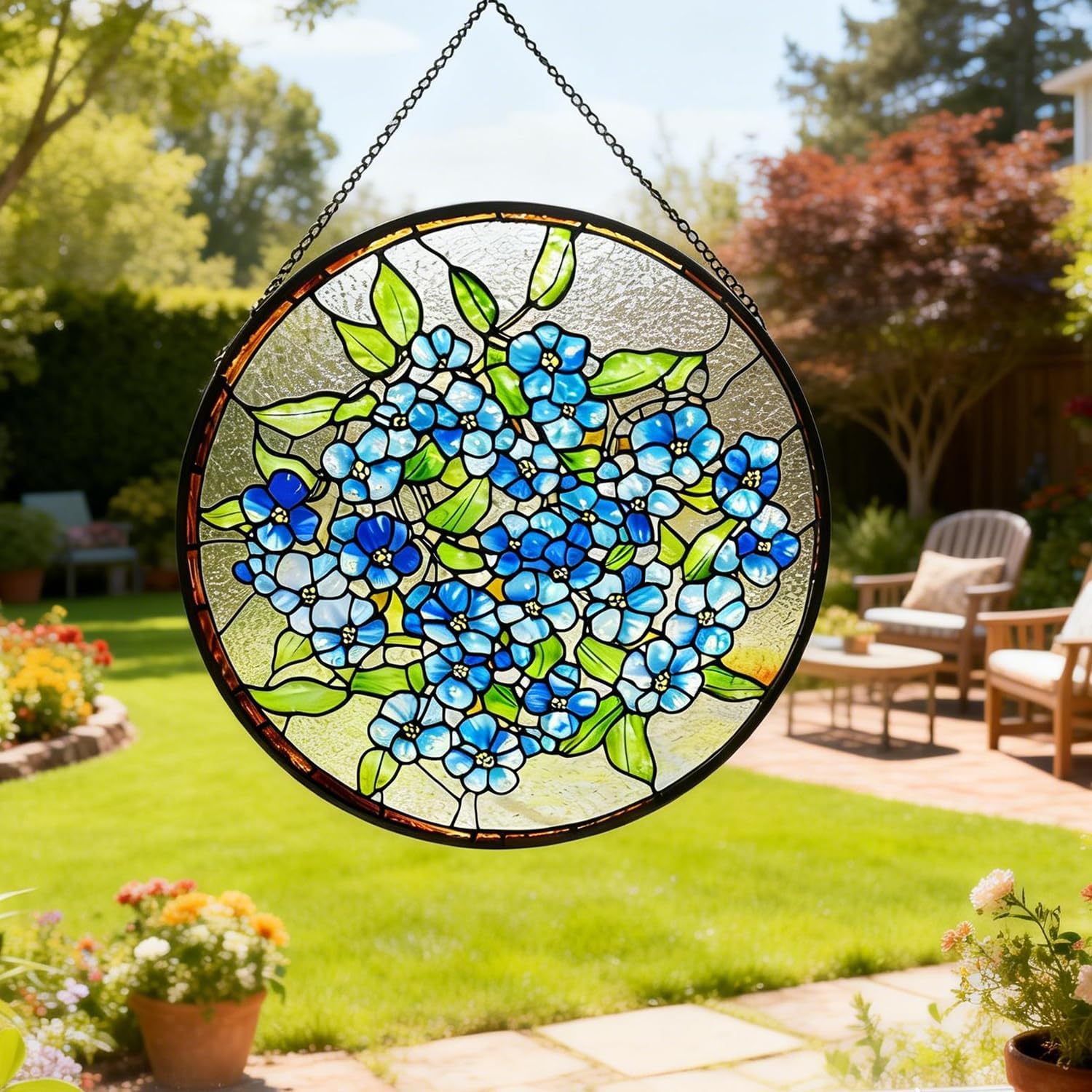 Stained Glass Window Hanging,Forget-me-not Sun Catchers Glass Panel Suncatcher Window Hanging for Christmas Mother's Day Birthday Gifts for Women Men Mom 7.87in