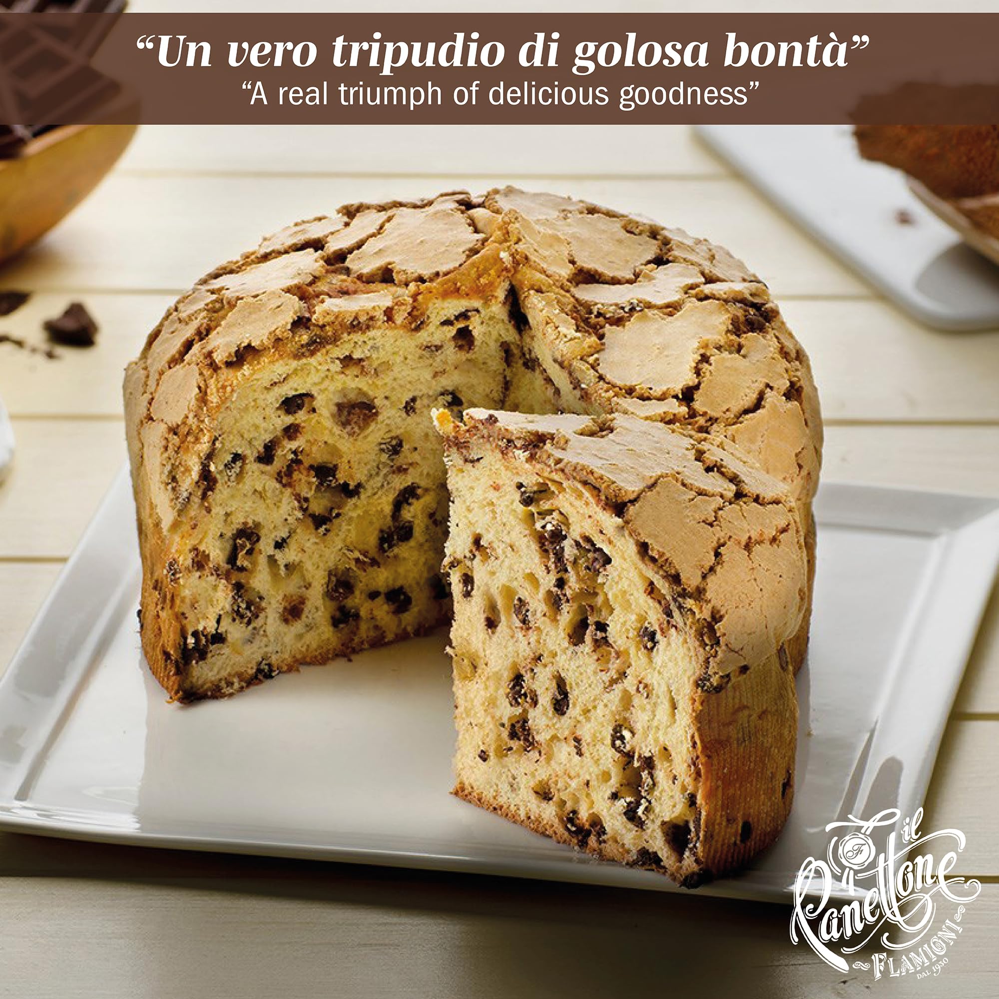 FLAMIGNI, Panettone Artigianale con Gocce di Cioccolato Fondente, Glassato con Nocciole e Mandorle, Senza Uvetta e Canditi, Confezione Incartata a Mano Ideale come Regalo di Natale, 1kg