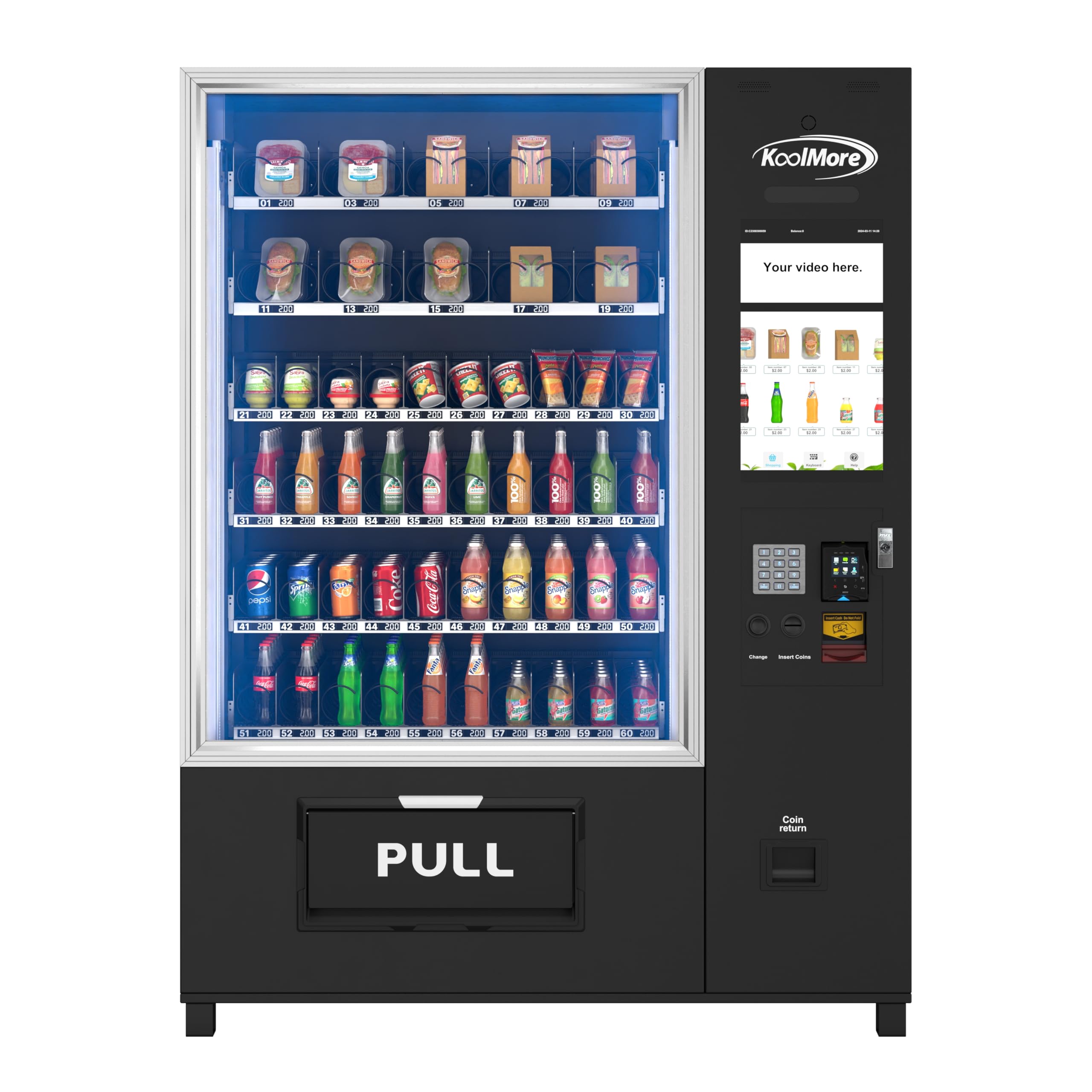 KoolMore Snack Vending Machine with 21.5 in. Touch Display, 66 Slots and Elevator-Lift Dispensing, Refrigerated, Bill Acceptor & Credit Card Reader
