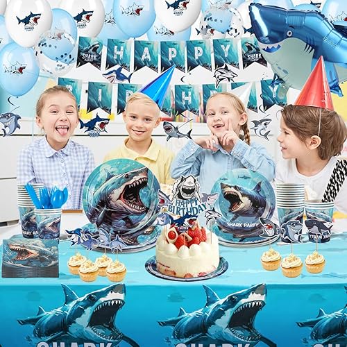 Miniatura 6 de Suministros de fiesta de cumpleaños de tiburón para niños, vajilla de fiesta de tiburón, 206 piezas para servir a 20 invitados, decoraciones de