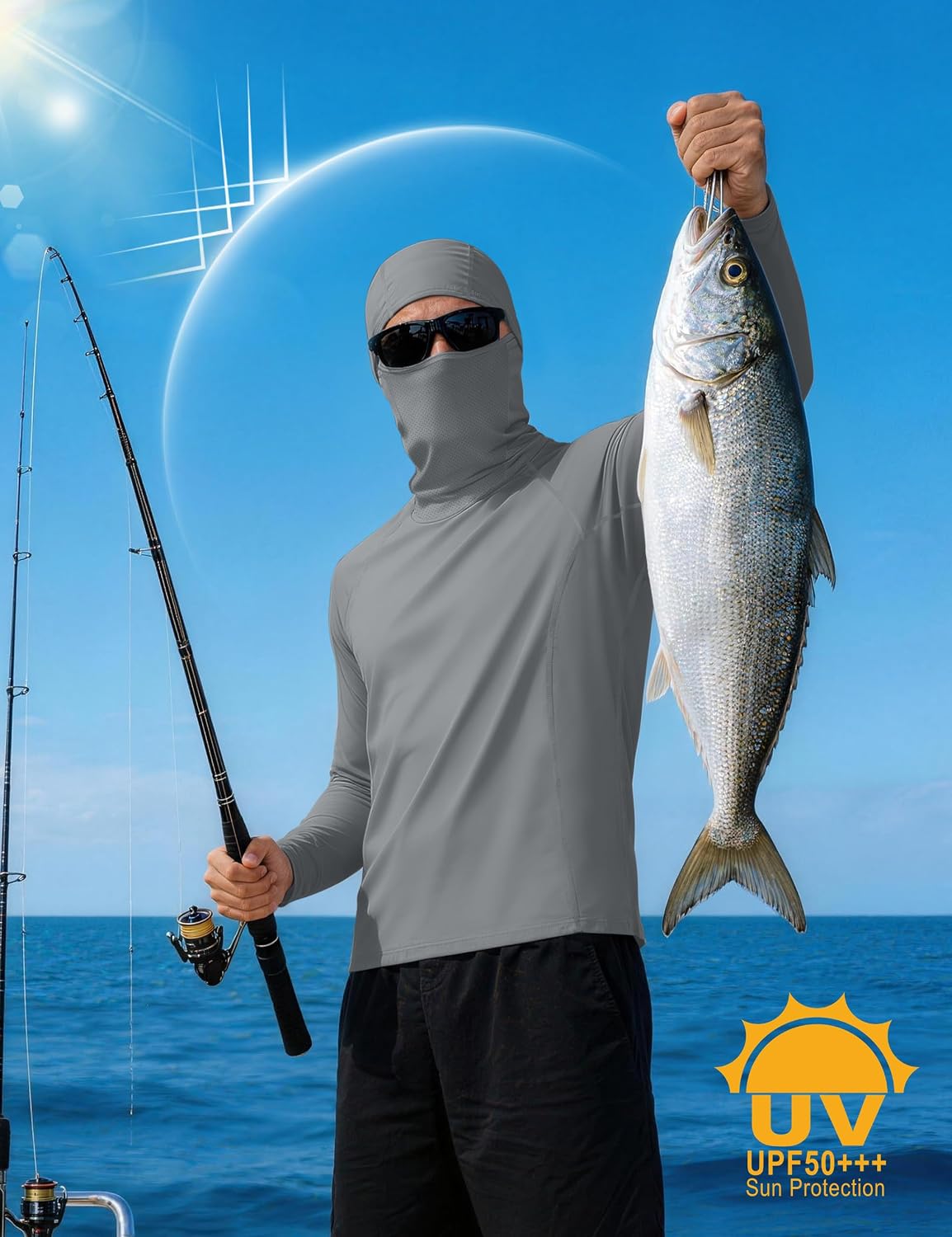 Roadbox Men's UPF 50+ Sun Shirt Long Sleeve Fishing Hoodie, UV Protection Hooded Rash Guard with Mask for Hiking Running image 4