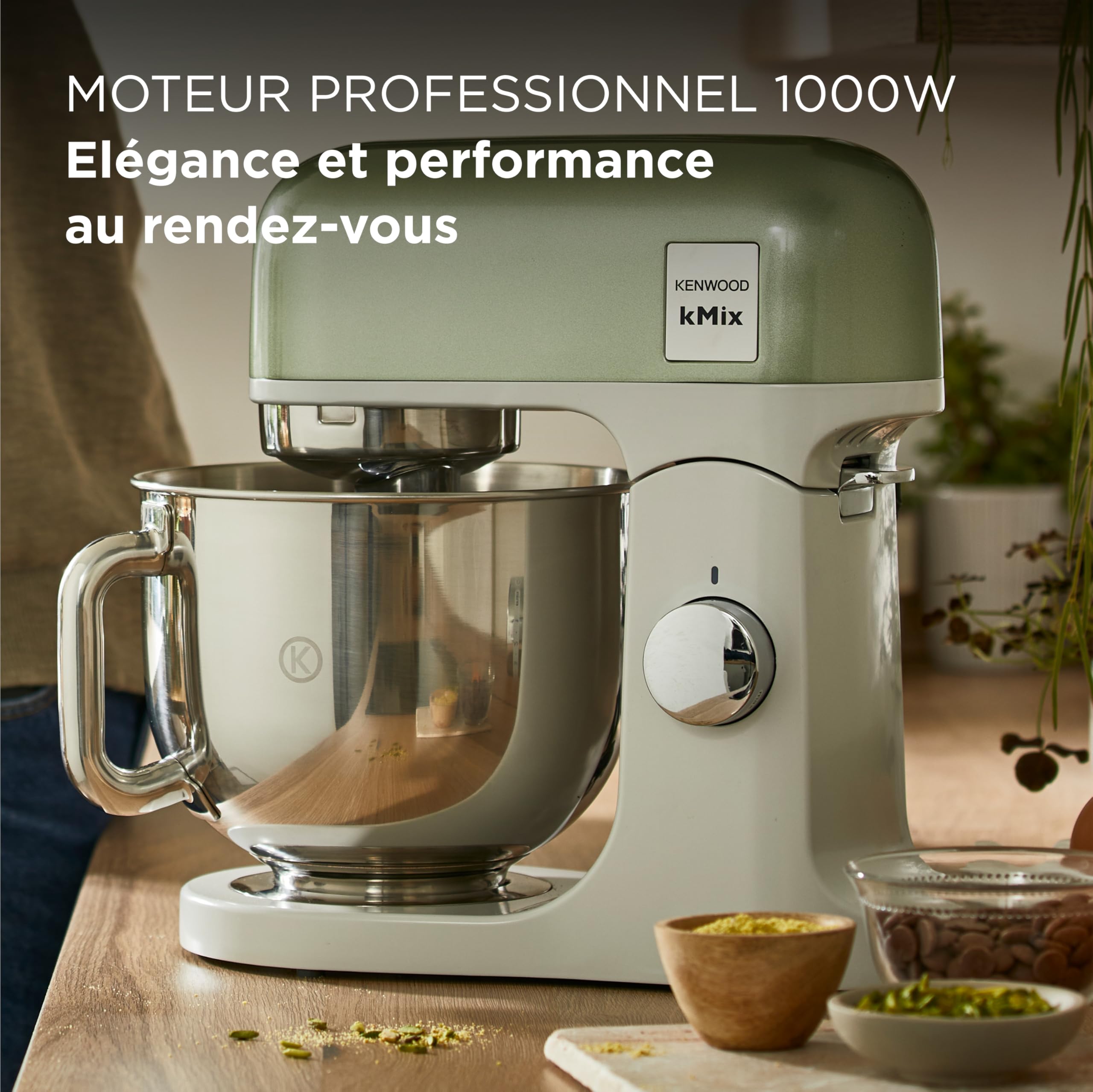 Kenwood kMix - Robot Pâtissier Multifonction avec Bol en Acier Inoxydable 5 L, Moteur 1000 W, Corps en Métal, Kit Pâtisserie 3 Accessoires et Couvercle anti-Éclaboussures, Vert (KMX760AGR)