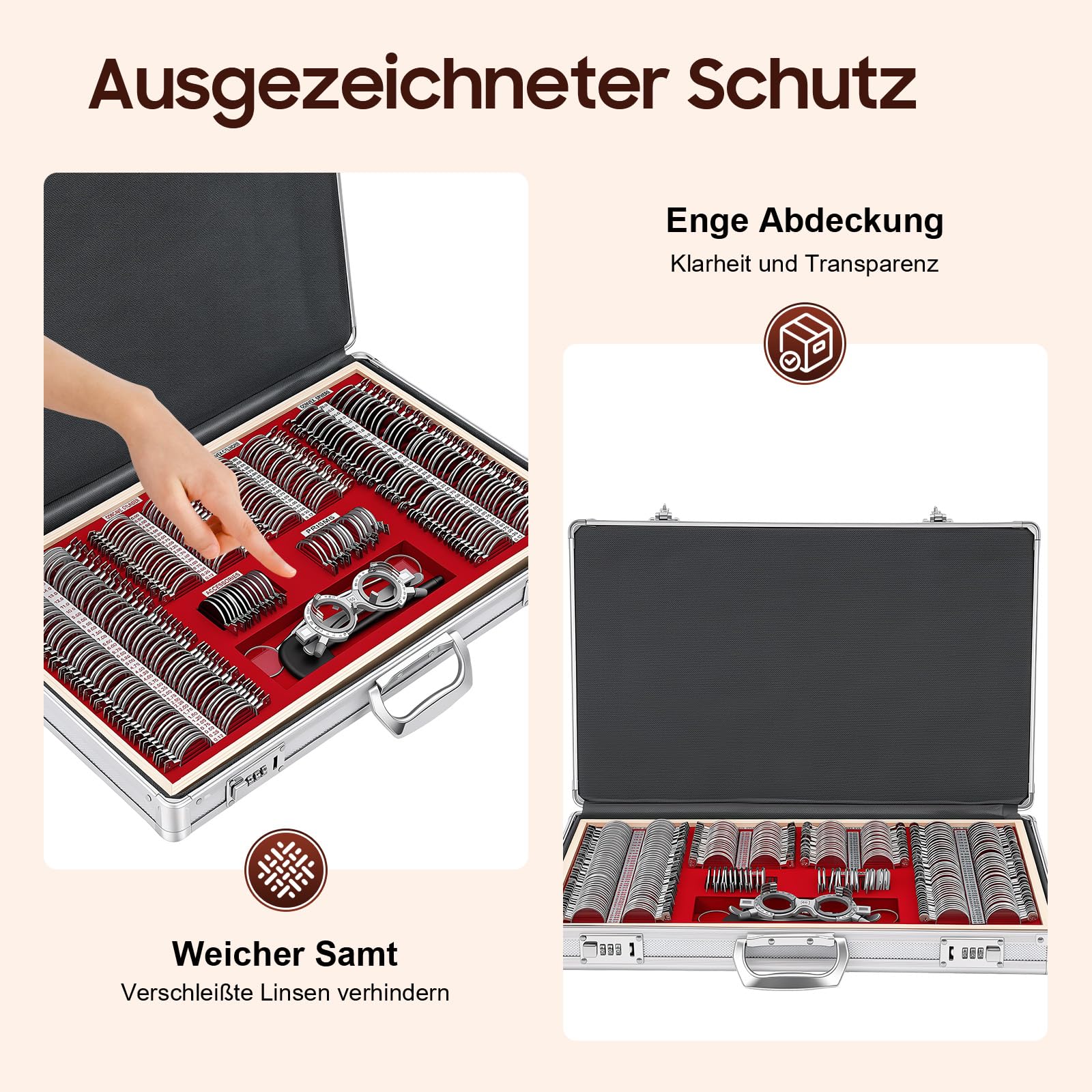 266pcs Testlinsen‑Set, Optometrie‑Kit Sehtestausrüstung Augenoptik‑Zubehör Metallrand‑Glaslinsen Aluminiumetui mit Tragegriff Proberahmen Sphären Zylinder und Prismenlinsen für Optiker Augenkliniken