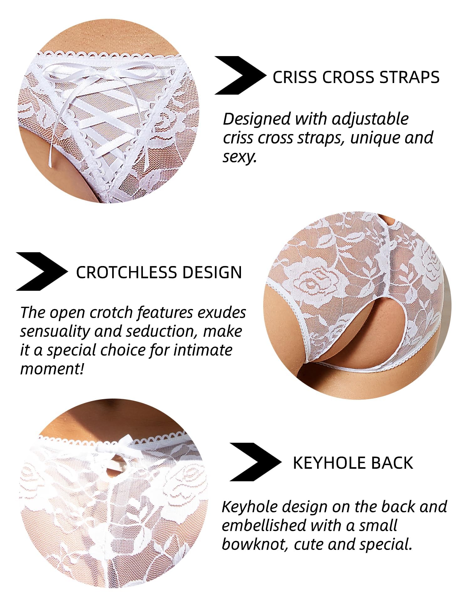 ohmydear Womens Lace Boyshorts Crotchless Sexy Panties Crisscross Strappy Underwear Plus Size Hipster Briefs XS-4XL