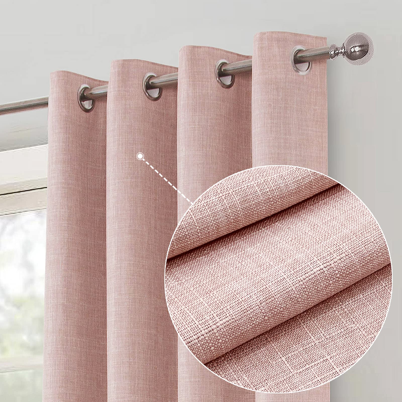 always4u Linen Look 100% Blackout Eyelet Curtains Thermal Energe Saving for Bedroom 1 Pair Noise Reducing Solid Modern Window Treatment for Home Decoration Pink W66*L90 โ image 1