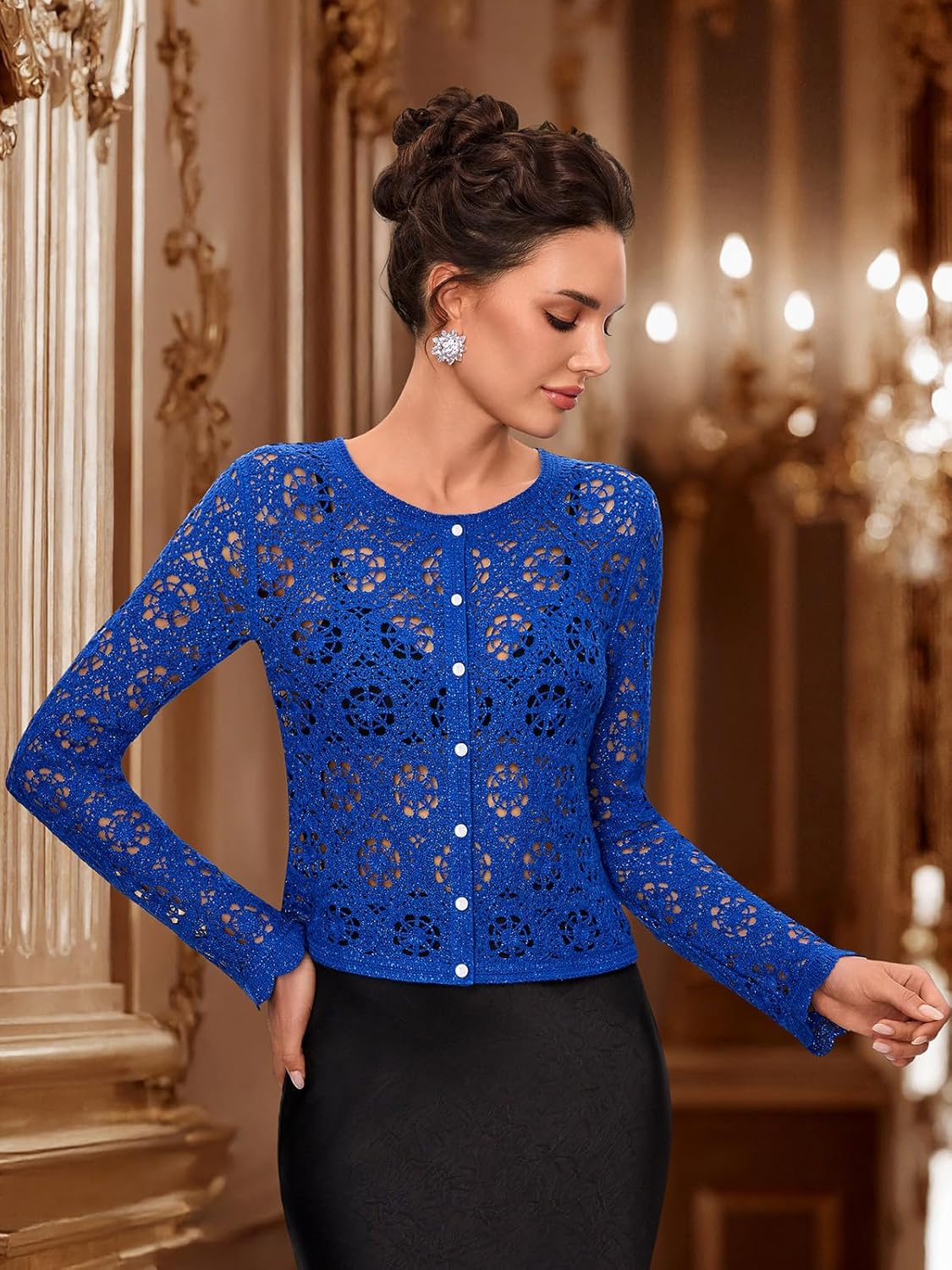 FAIRY SEASON Women's Crochet Cardigan with Golden Thread, Vintage Cropped Openwork Knit Sweater for Garden Party & Wedding - Image 3