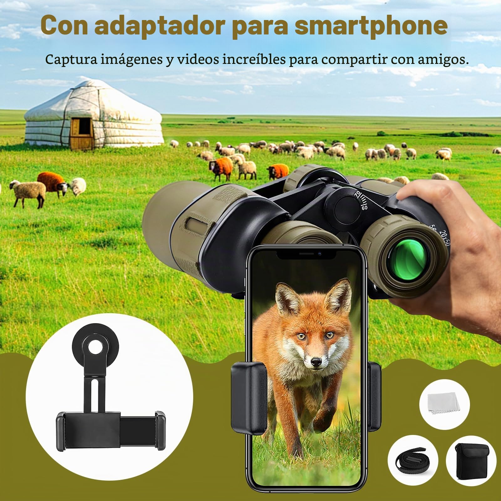 Prismáticos 20x50 para Adultos con visión Nocturna Prismáticos HD Impermeables con Prisma BAK4 y Lente FMC Telescópicos Portátiles para Observación de Aves y Conciertos con Adaptador para Smartphone