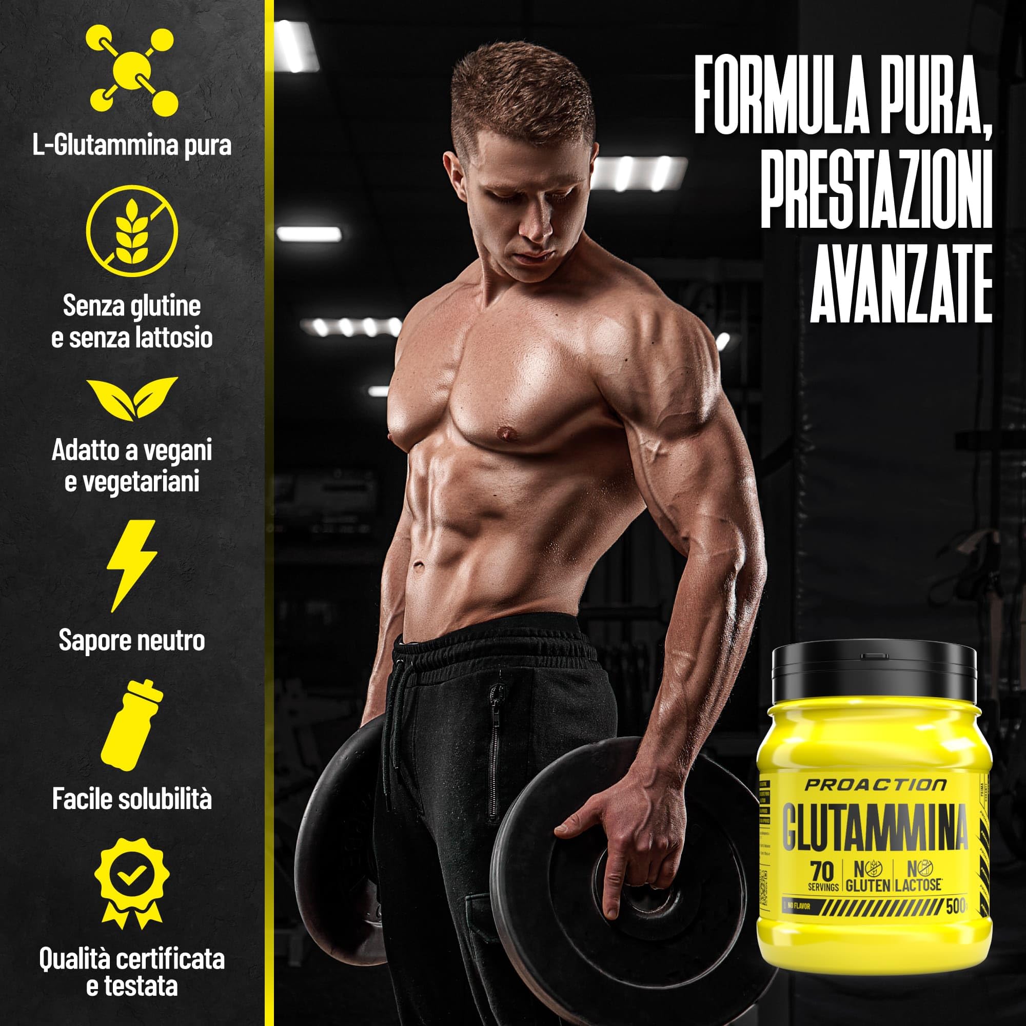 ProAction Glutammina in Polvere | L-Glutammina 100% Pura | Recupero Muscolare & Energia Post-Allenamento | Senza Glutine & Lattosio | 70 Porzioni | 500g