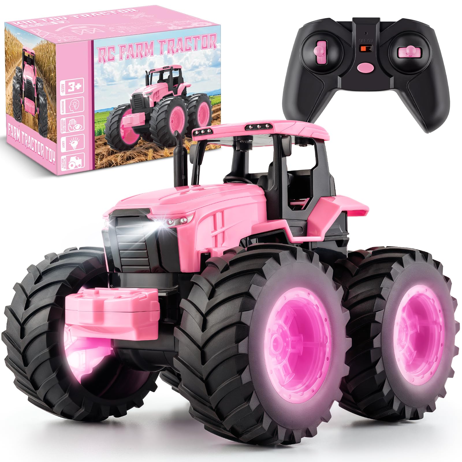 BAYSING Remote Control Monster Tractor Toy, Pink Light Up Monster Truck Toy