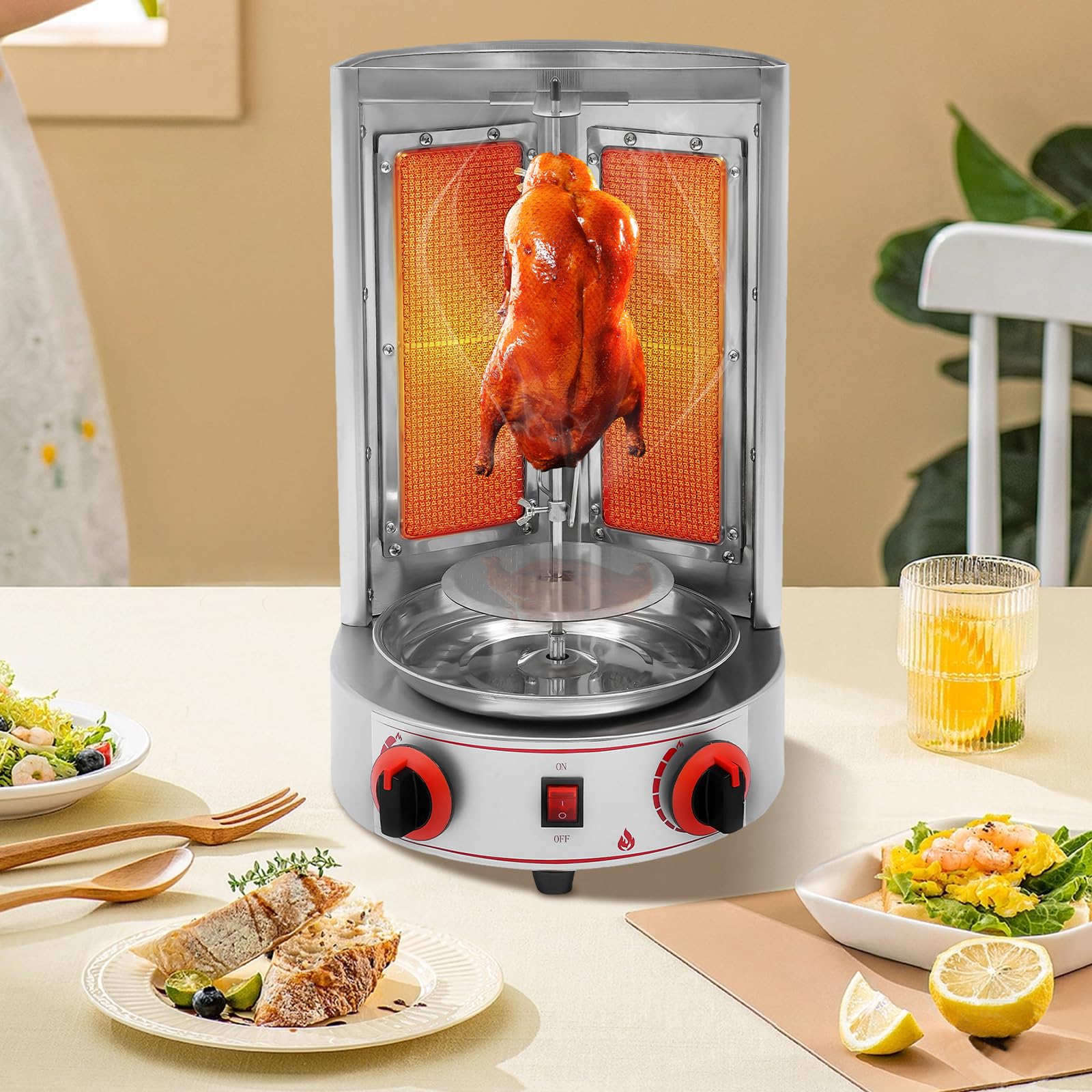 110V 3000W Vertical Gas Broiler Oven,Commercial Electric Shawarma Machine with 2 Burners,Doner Kebab Gyro Grill Machine,Countertop Rotating Rotisserie for Home Restaurant