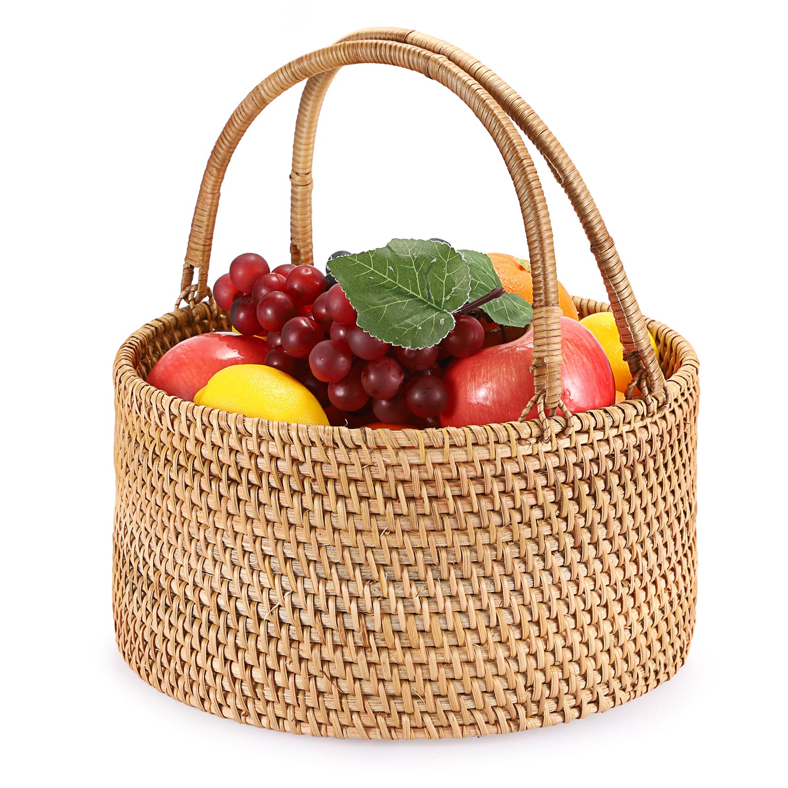 SUMTree Cesto portaoggetti in rattan naturale con manici cestino per uova, piccolo cestino vuoto per la conservazione e la decorazione, rotondo 28 x 28 x 15 cm