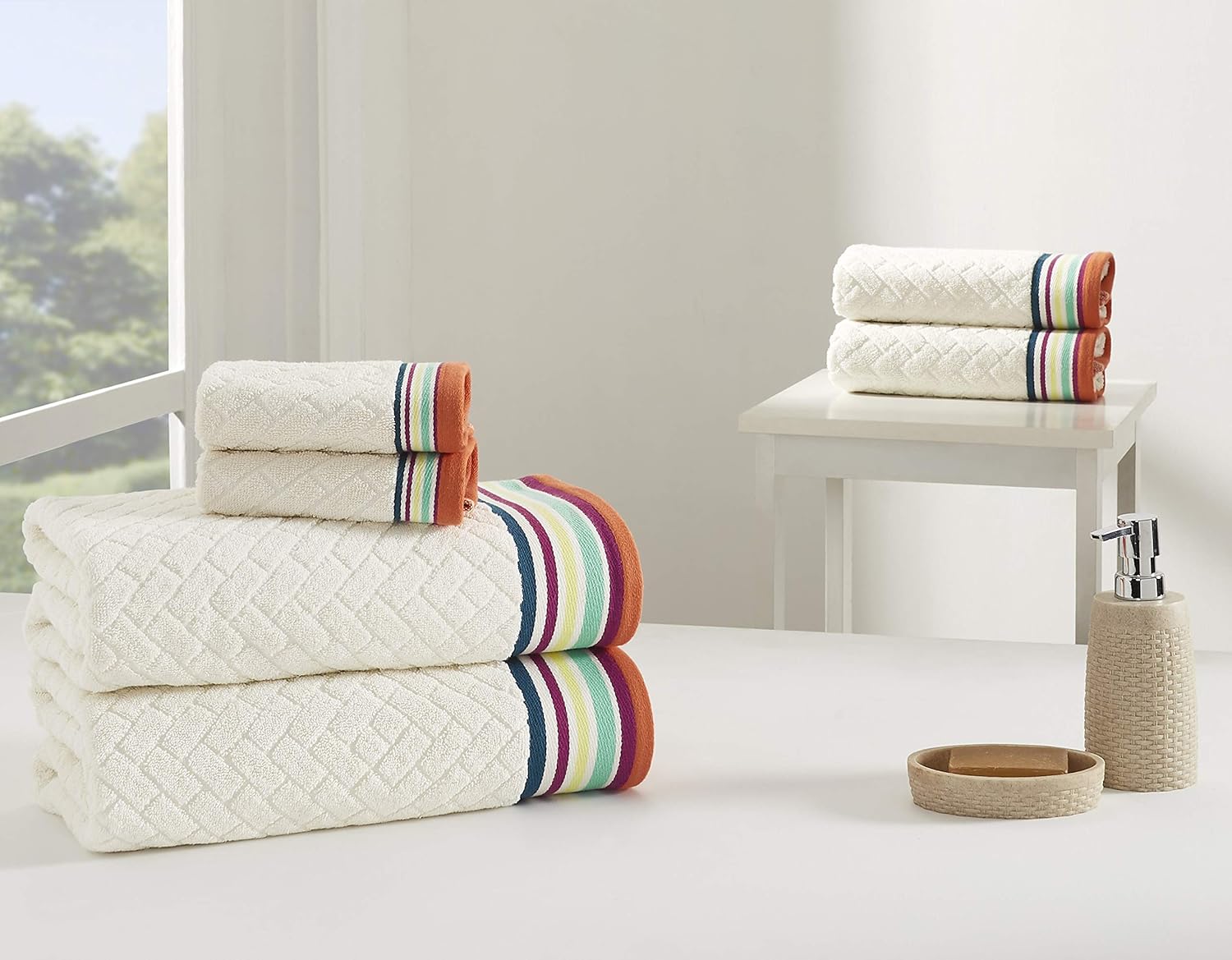 Refinery29 | River Collection | 100% Cotton Modern Luxury Ultra Soft Bath Towel, Absorbent Quick Dry with Brushstroke Dobby Print Design for Home Hotel Décor, 6 Piece Set, White