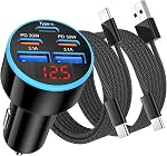 [5 en 1] USB C Chargeur de voiture, 5-Port 90W Adaptateur d'éclairage à cigarettes à charge rapide USBC Câble, double 30W USBC & USB-A Chargeur de téléphone multiport avec voltmètre pour iPhone 17/16/15 Pro Max,iPad,Galaxy