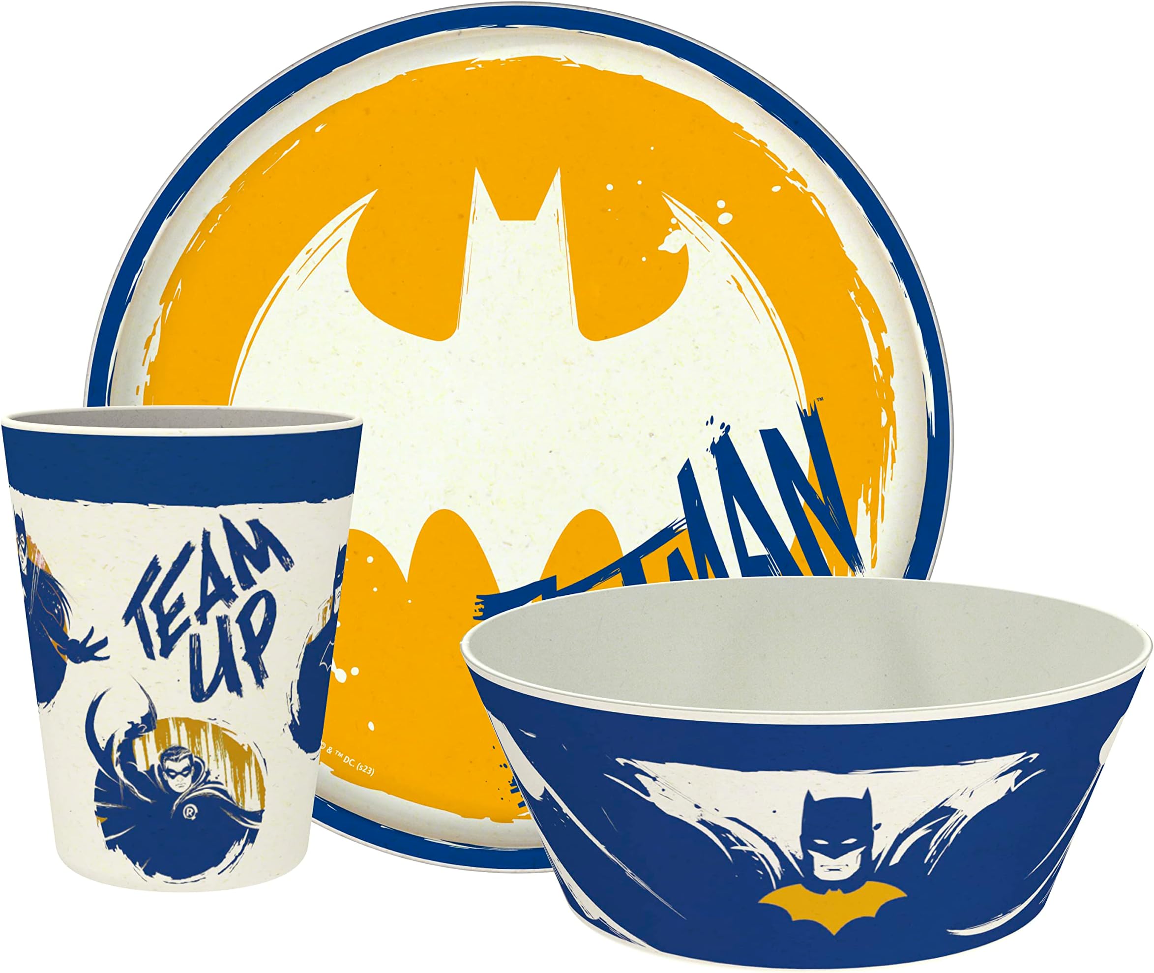 Zak Designs DC Comics Batman Kids Dinnerware Set 3 Pieces, Durable and Sustainable Melamine Bamboo Plate, Bowl, and Tumbler are Perfect For Dinner Time With Family (Batman, Robin, Batgirl)
