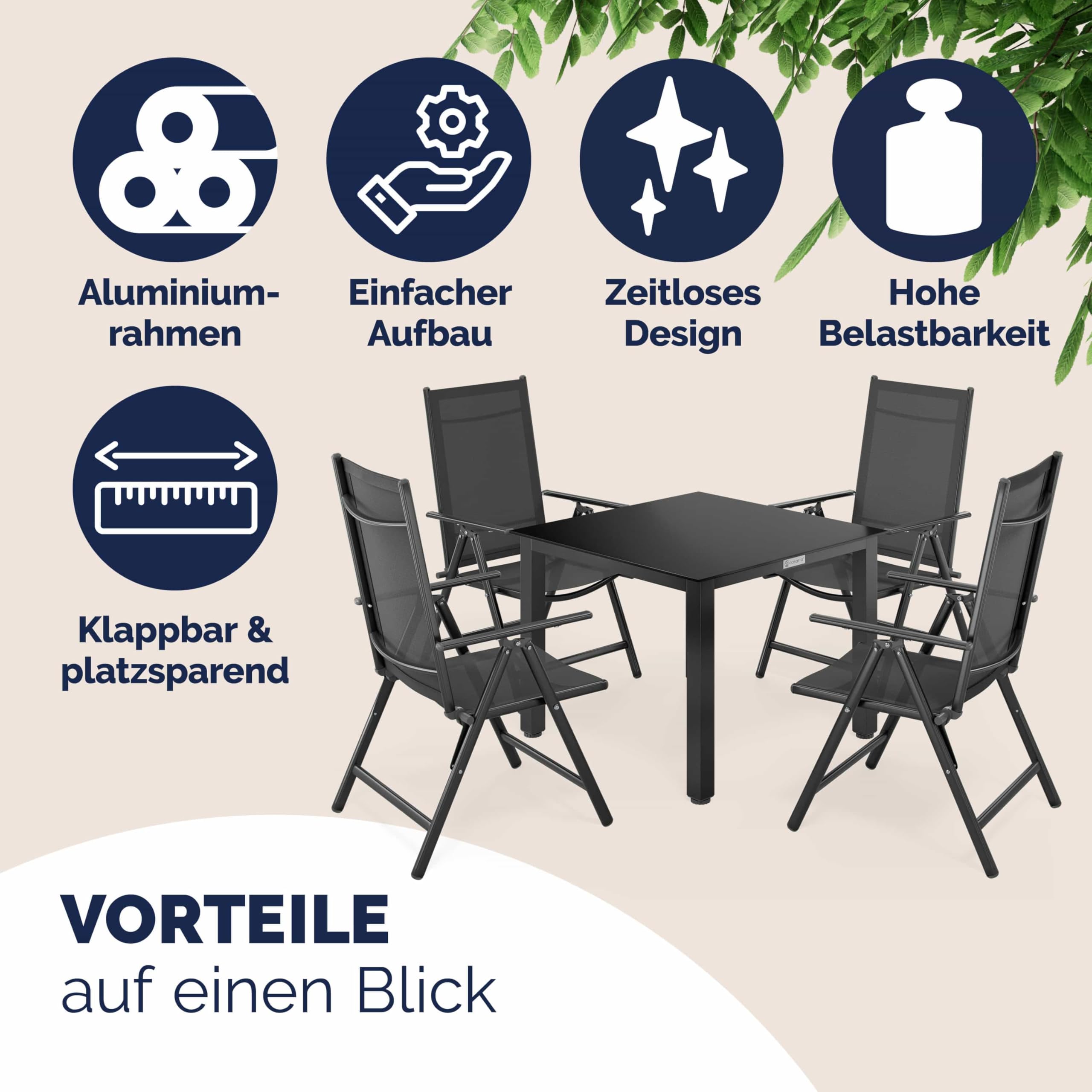 Casaria® Gartenmöbel Set 4 Stühle mit Tisch 90x90cm Aluminium Sicherheitsglas Wetterfest Klappbar Modern Terrasse Balkon Möbel Sitzgruppe Garnitur Bern