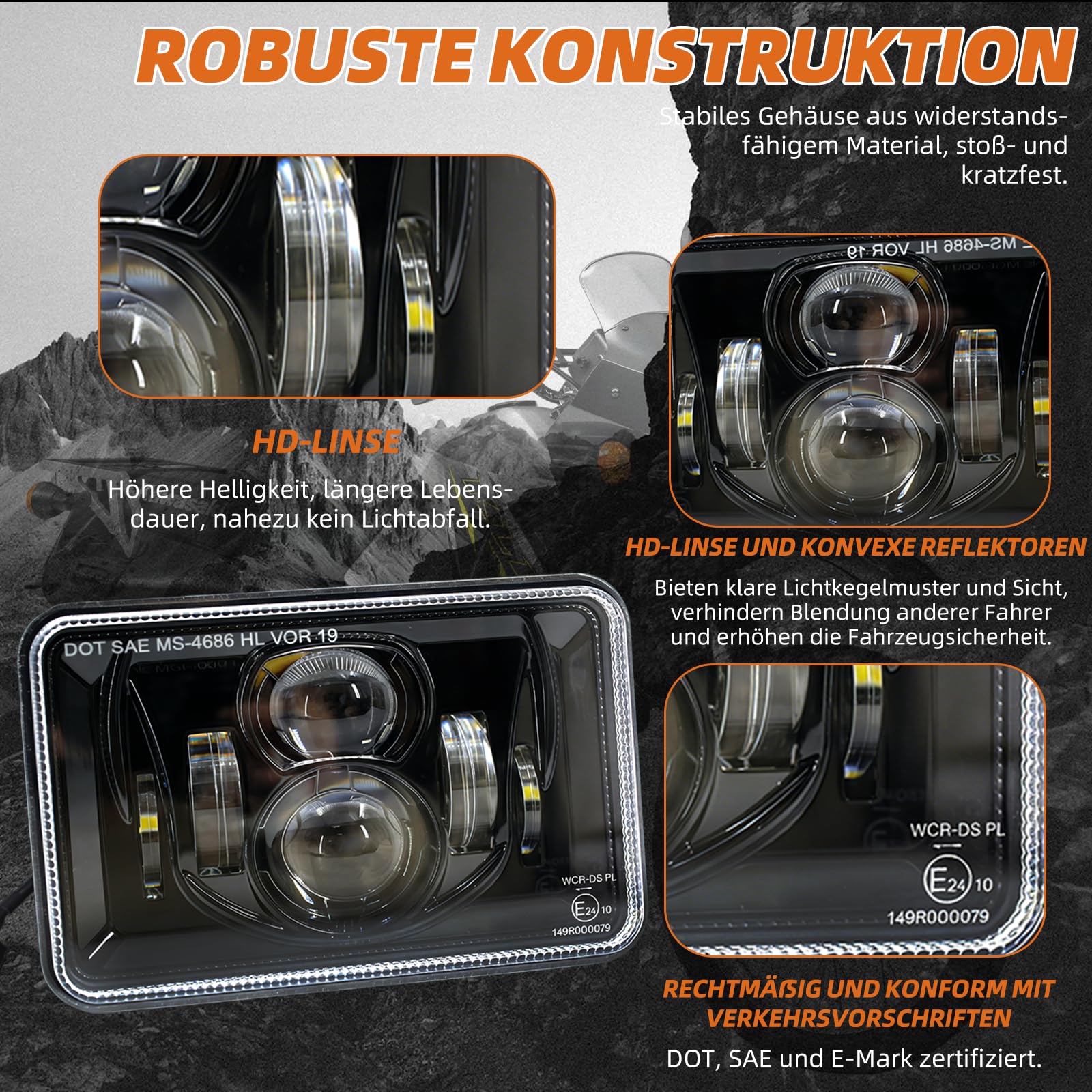 E-geprüfter 4x6 Zoll LED Motorrad Scheinwerfer 160x100 mm, Universal Umbauscheinwerfer, Fern- & Abblendlicht, 3-poliger Anschluss, IP67, passend für Kawasaki Suzuki Yamaha Honda