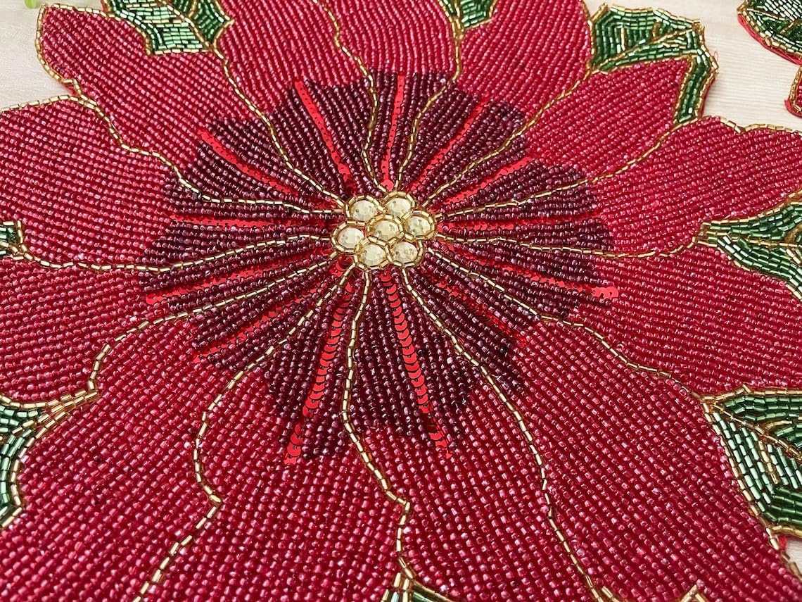 Enliven Christmas Poinsettia Beaded placemat, Gift for her, Christmas placemat | Set of 6