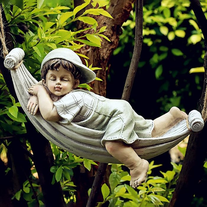 Buy Boy Garden Statue, Sleeping Little Boy Statue in a Bed Hanging from