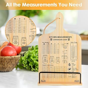 comfoyar Cookbook Stand for Kitchen Counter, Sturdy Recipe Book Holder with Adjustable Angle, Foldable Wood Cook Book Stand Holder with Measurement Conversion Chart for Cooking, Easy Storage