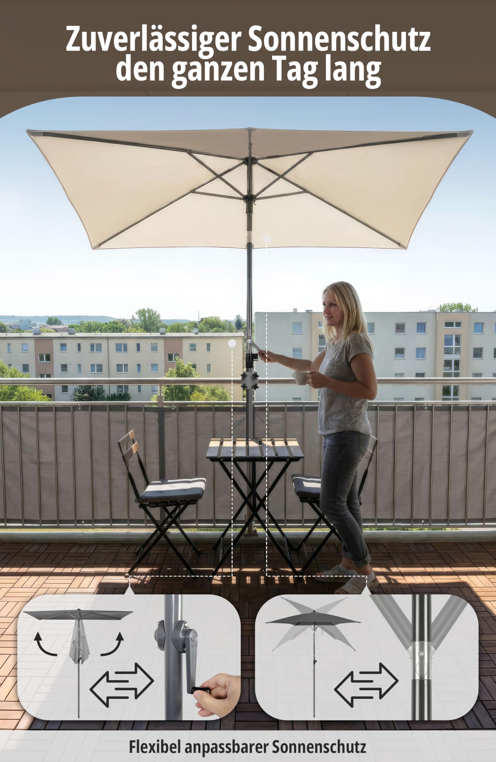 4smile SunnyShade Sonnenschirm Balkon Modern mit Kurbel, Sonnenschirm rechteckig 210x140 cm, Sonnenschutz Balkon mit UV 50+, Balkonschirm mit Schutzhülle, knickbar und höhenverstellbar, Beige