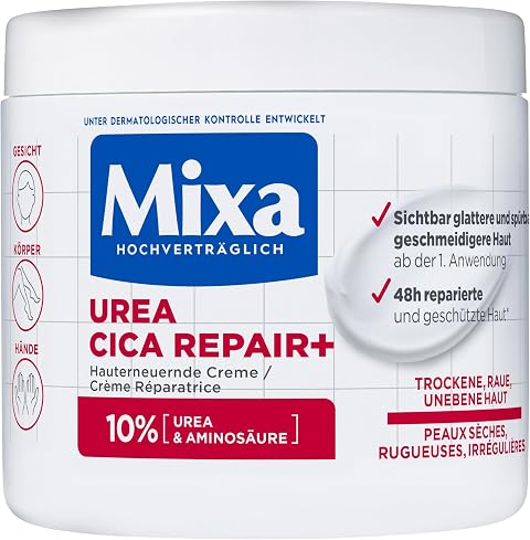 Mixa Cica Repair+ Hauterneuernde Creme mit 10% Urea und Aminosäuren, Urea Creme für trockene, raue und unebene Haut an Körper, Gesicht und Händen, 1x 400ml