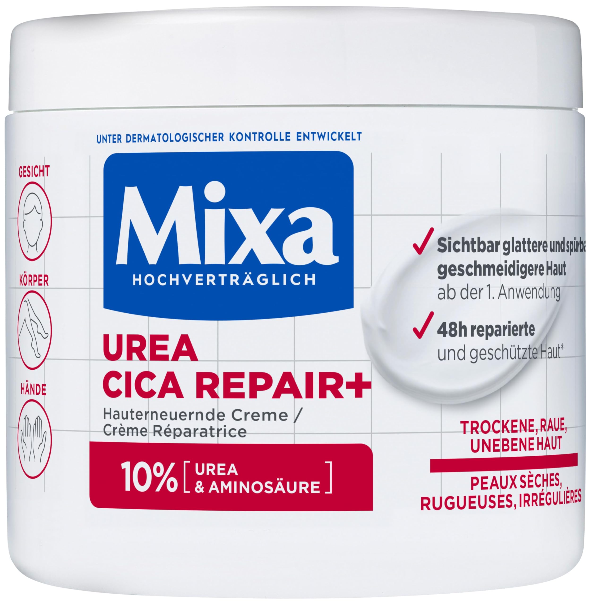 Mixa Creme für trockene und rissige Haut, Feuchtigkeitspflege für den Körper, Hände und Gesicht, Mit Urea und Niacinamide, Urea Cica Repair + Hauterneuernde Creme, 1 x 400 ml