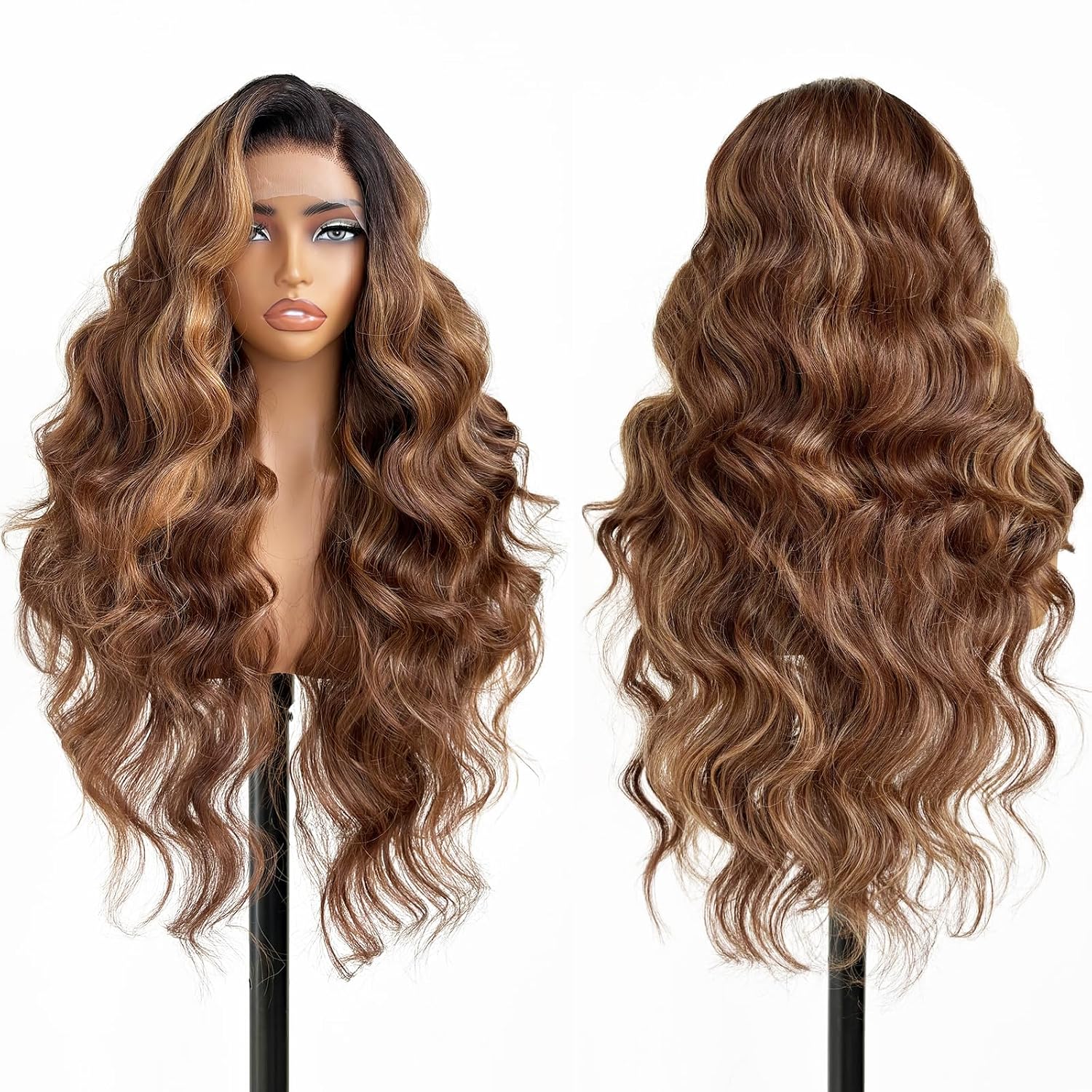 FABÉLLE Glueless Body Wave Wig 28Inch Brown with Highlights Wig 13×6 Transparent Lace Frontal Wigs Balayage Honey Blonde Highlight Pre Plucked Natural Hairline Synthetic Wig for Black Women Daily Wear