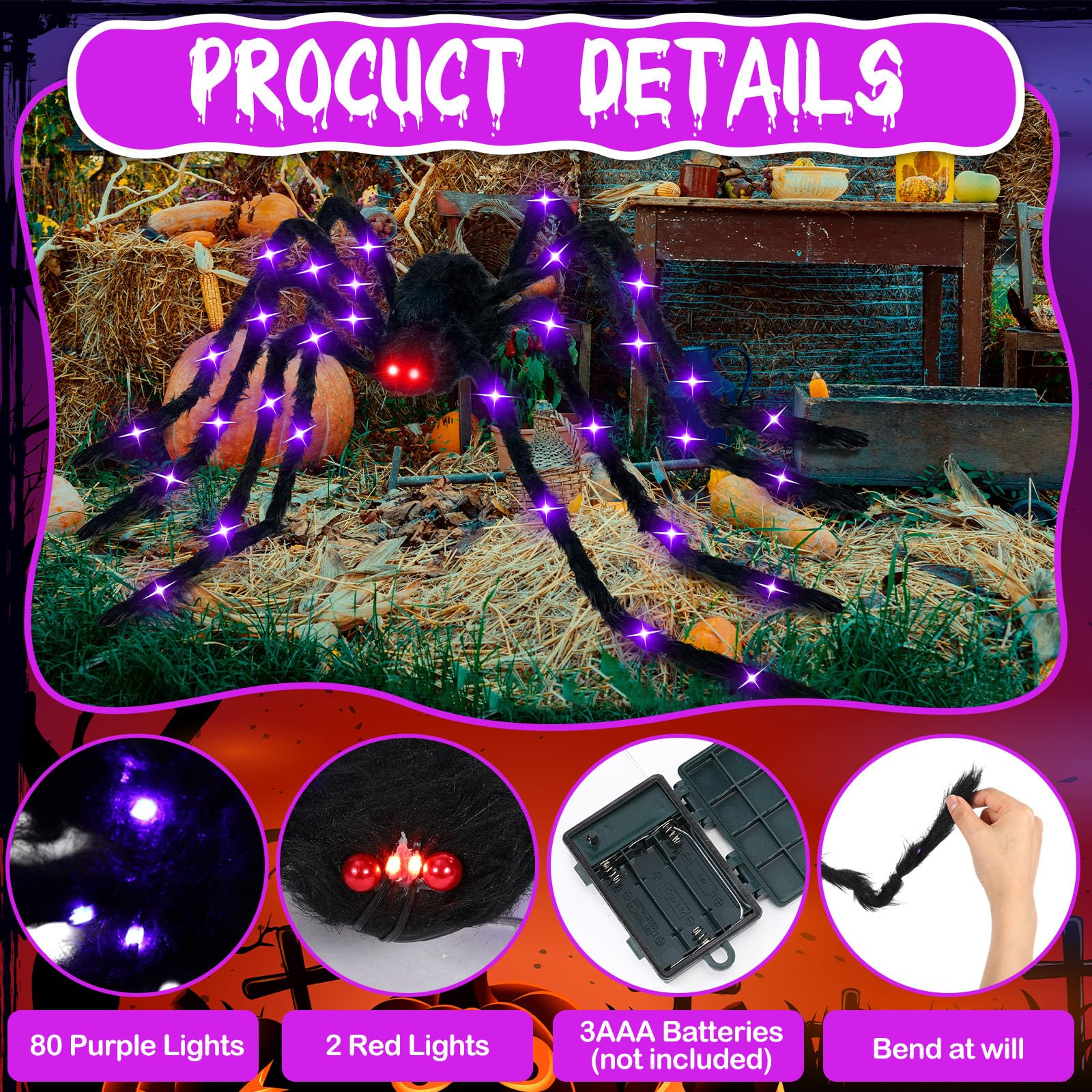 Vinsot Paquete de 2 arañas gigantes grandes de Halloween de 6.6 pies para decoración al aire libre, accesorios de araña negra iluminados para Halloween, interiores y exteriores, decoración