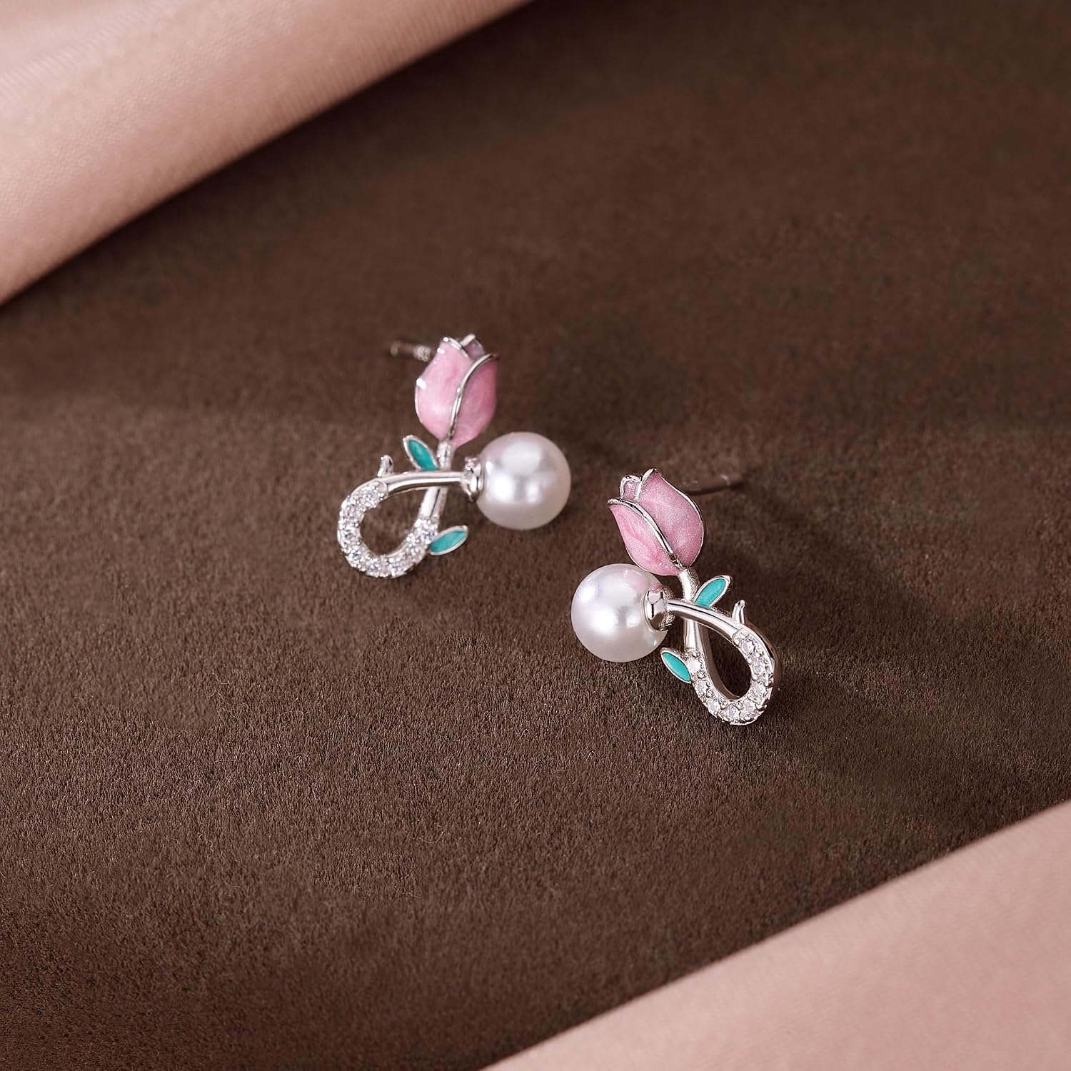 Reffeer Solid 925 Sterling Silver Pink Flower Stud Earrings for Women Teens Spring Flower Stud Earrings Pearls