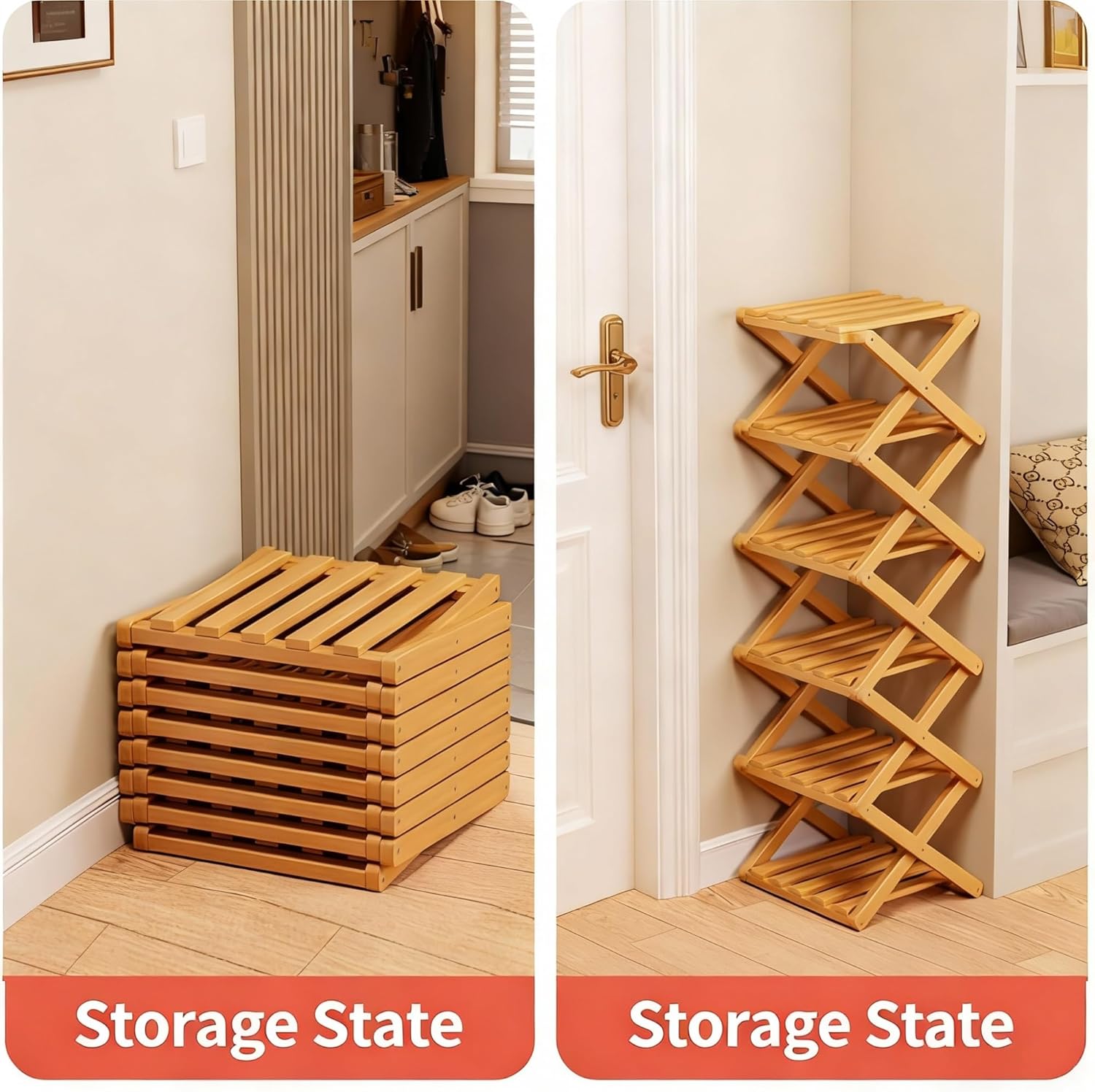 The 9-Tier No-Assembly Bamboo Rack Vertical Shoe Organizer for Small Spaces Foldable Vertical Shoe Organizer for Entryway Closet Bedroom(Brown,9 Tier)