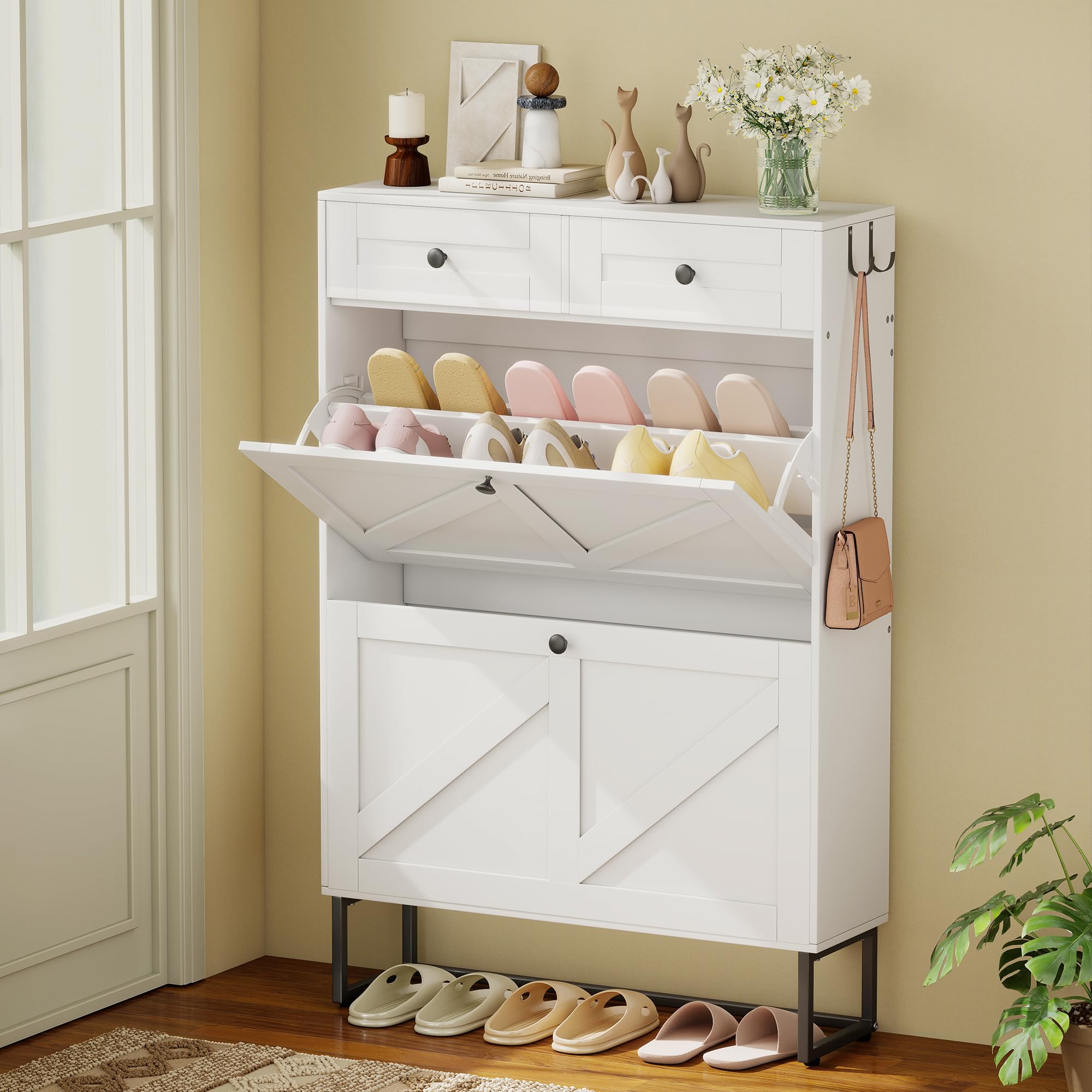 Nisorpa Schuhschrank mit 2 Kippfächern, Schuhschrank Schmal mit 2 Schubladen, Shoe Cabinet für Flur, Eingang, Wohnzimmer, 75 x 22 x 112 cm, Schuhkipper Weiss