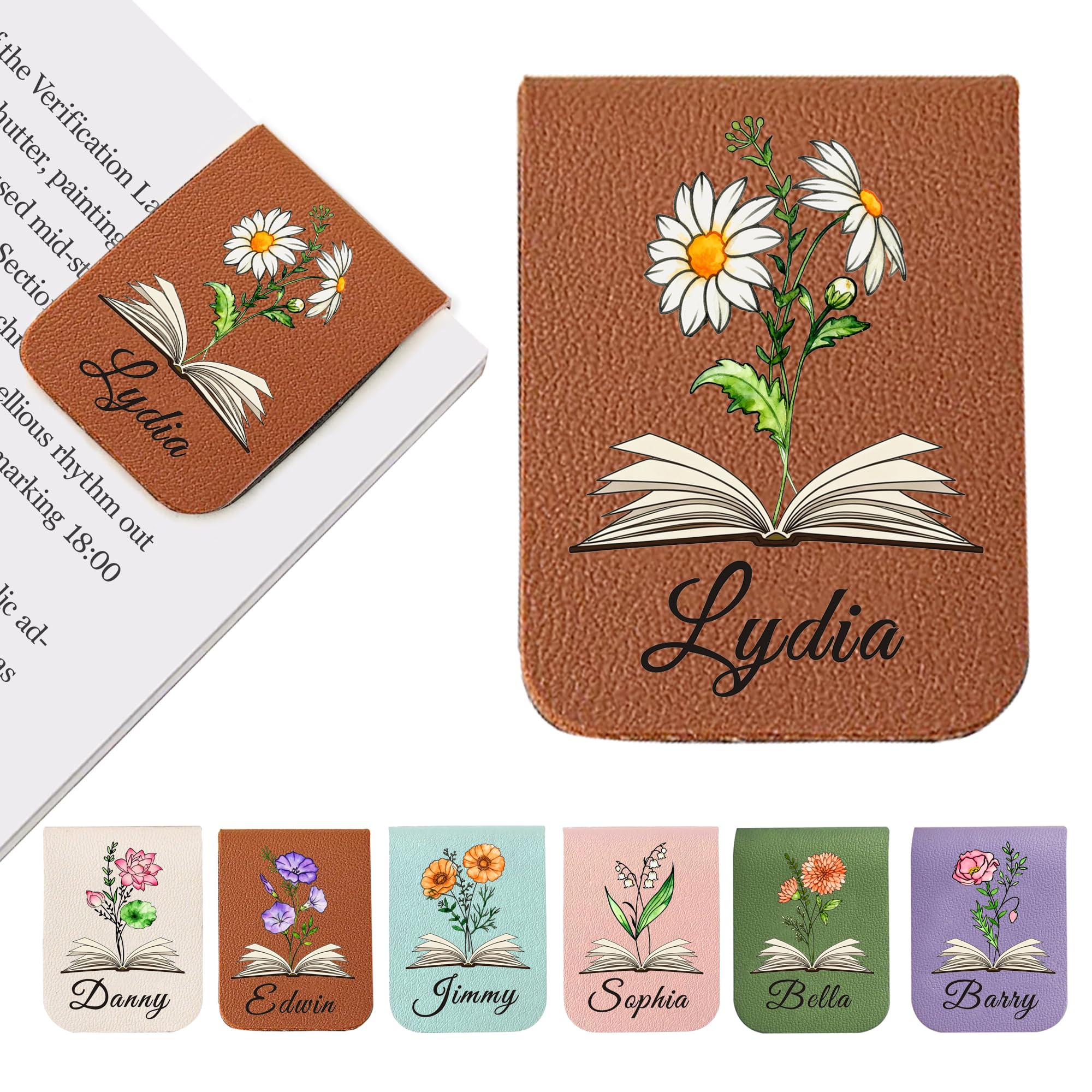 EDSG Personalised Magnetic Bookmark, Leather Name Bookmarks with Birth Flower for Book Lovers, Readers, Teacher, Students, Custom Book Mark for Women Men Christmas Birthday (Brown)