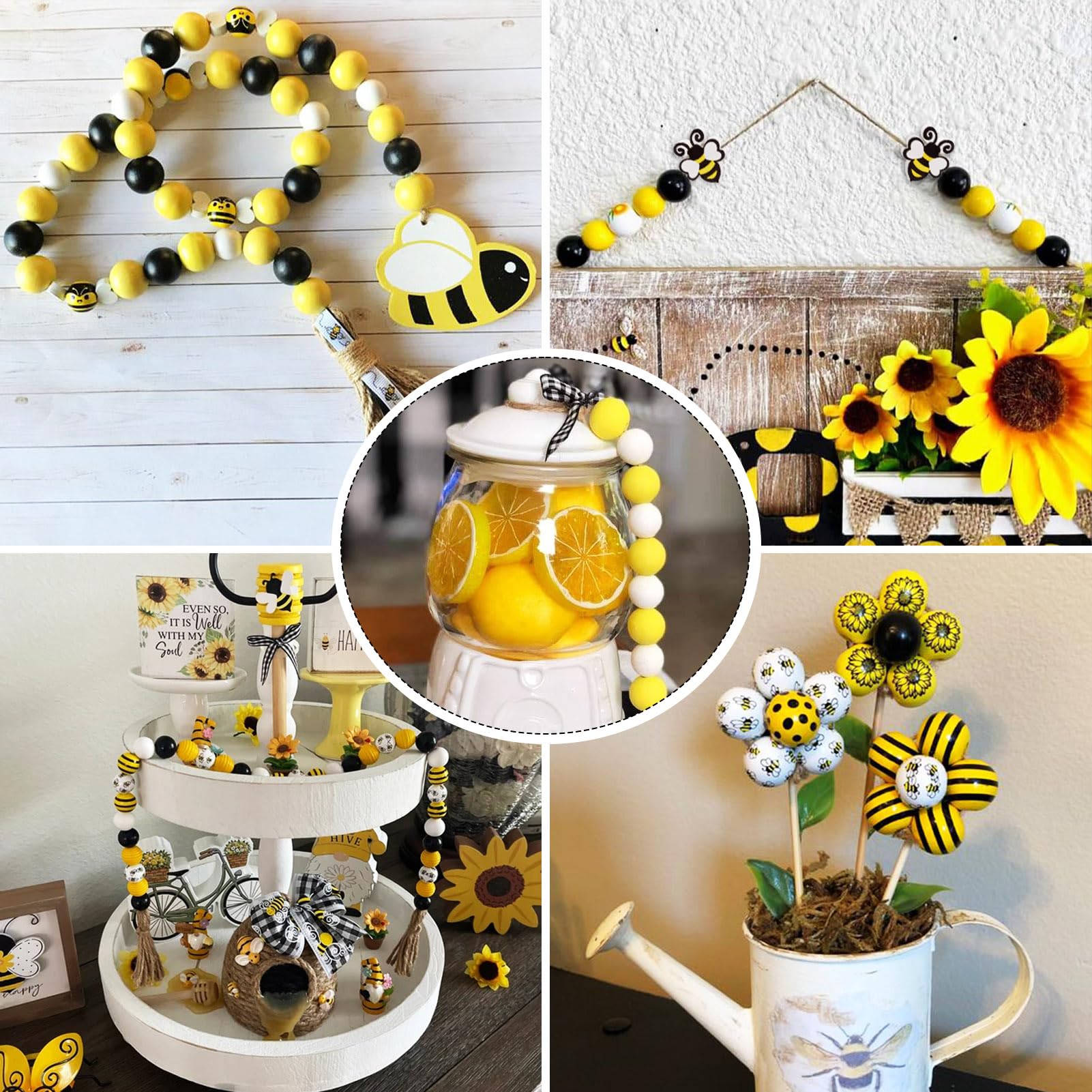 Crafans 125 Pcs Bee Theme Wooden Beads - Round, Honey Jar, Spacer Beads for Bracelet Jewelry Making, Printed Bee Theme - Image 3