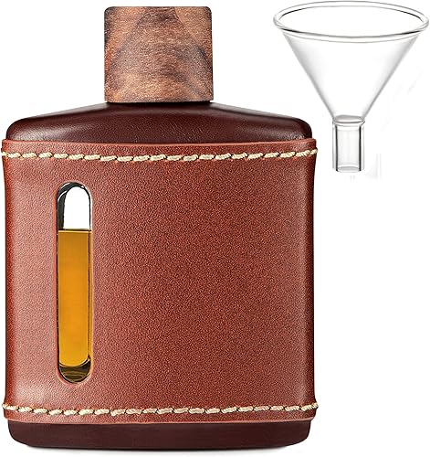 Miniatura 1 de Frascos de cadera hechos a mano de cuero genuino para licor para hombres frasco de whisky de vidrio con embudo y tapas de madera a prueba de fugas