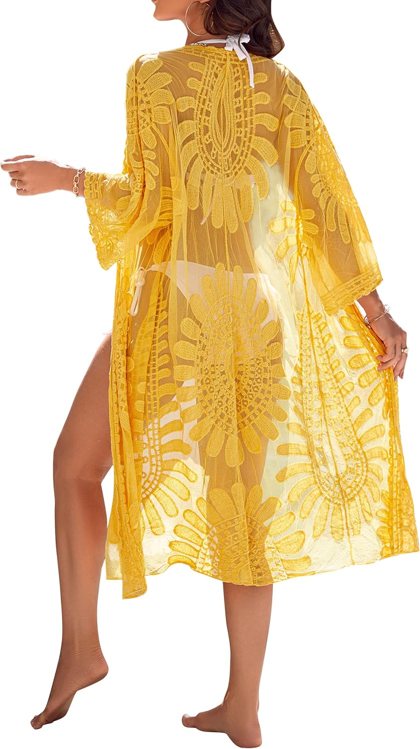 Blooming Jelly Womens Kimono Mesh Swimsuit Coverup Lace Embroidered Long Beach Cover Ups 3/4 Sleeve Tie Front Summer Cardigan