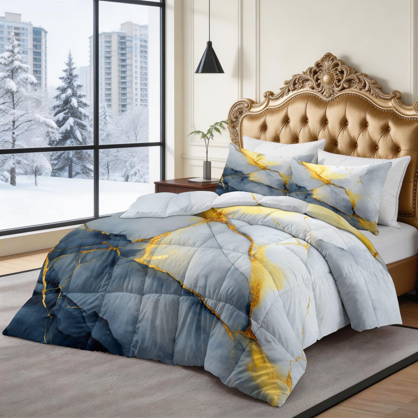 Generico Piumone Invernale Matrimoniale 220 x 240 cm Astratto Texture Marmo Trapunta in Ecopiuma 400 gr/mq, Caldo ed Elegante – Biancheria da Letto Anallergica e Traspirante – Set 3 Pezzi, Grigio