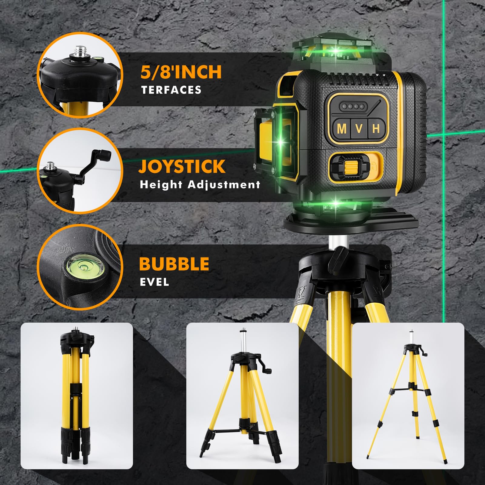 Láser de líneas cruzadas, nivel láser de 16 líneas, autonivelación de 360° con rayo láser verde para alineación horizontal y vertical
