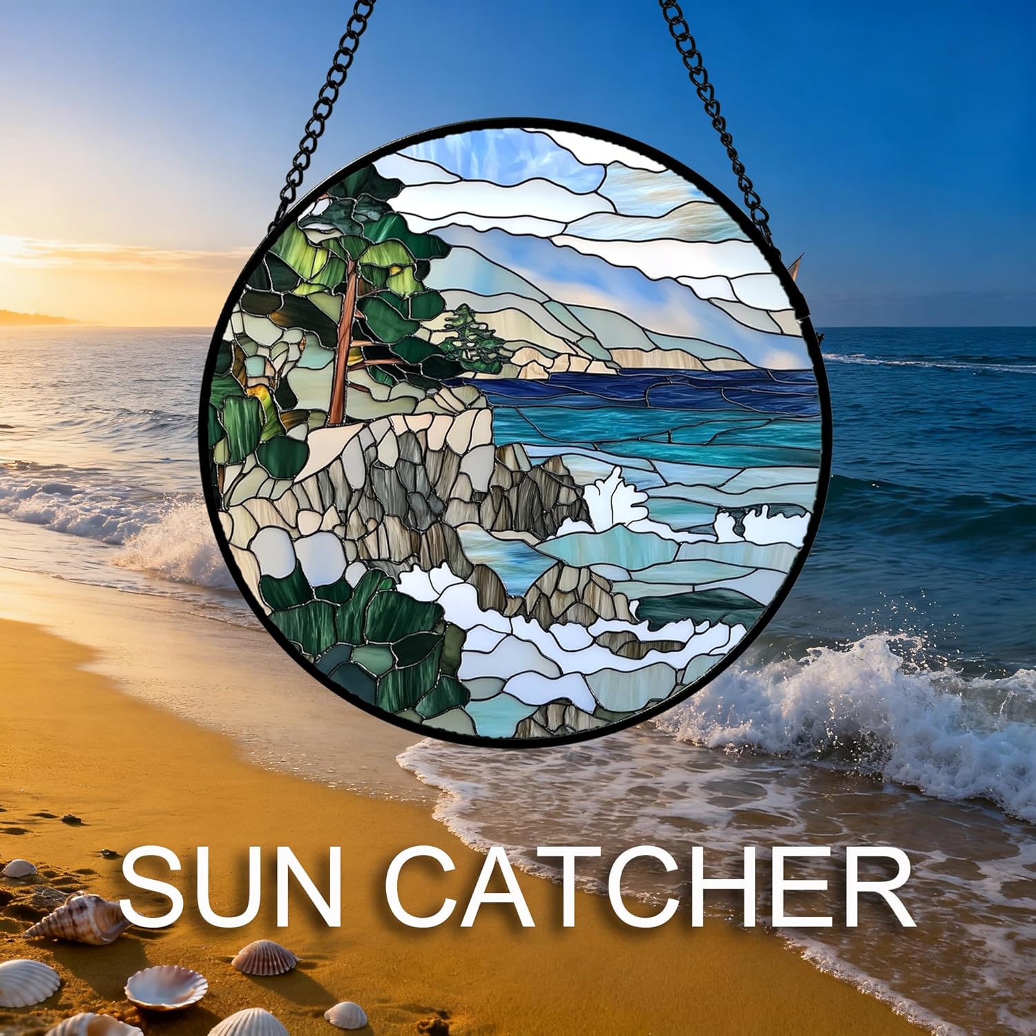 Stained Glass Window Hanging Blue Ocean Mountains Wave Landscape Large 15" - Suncatcher Door Garden Sun Catcher Home Decor Birthday Christmas for Men Mom Woman Wife Friend